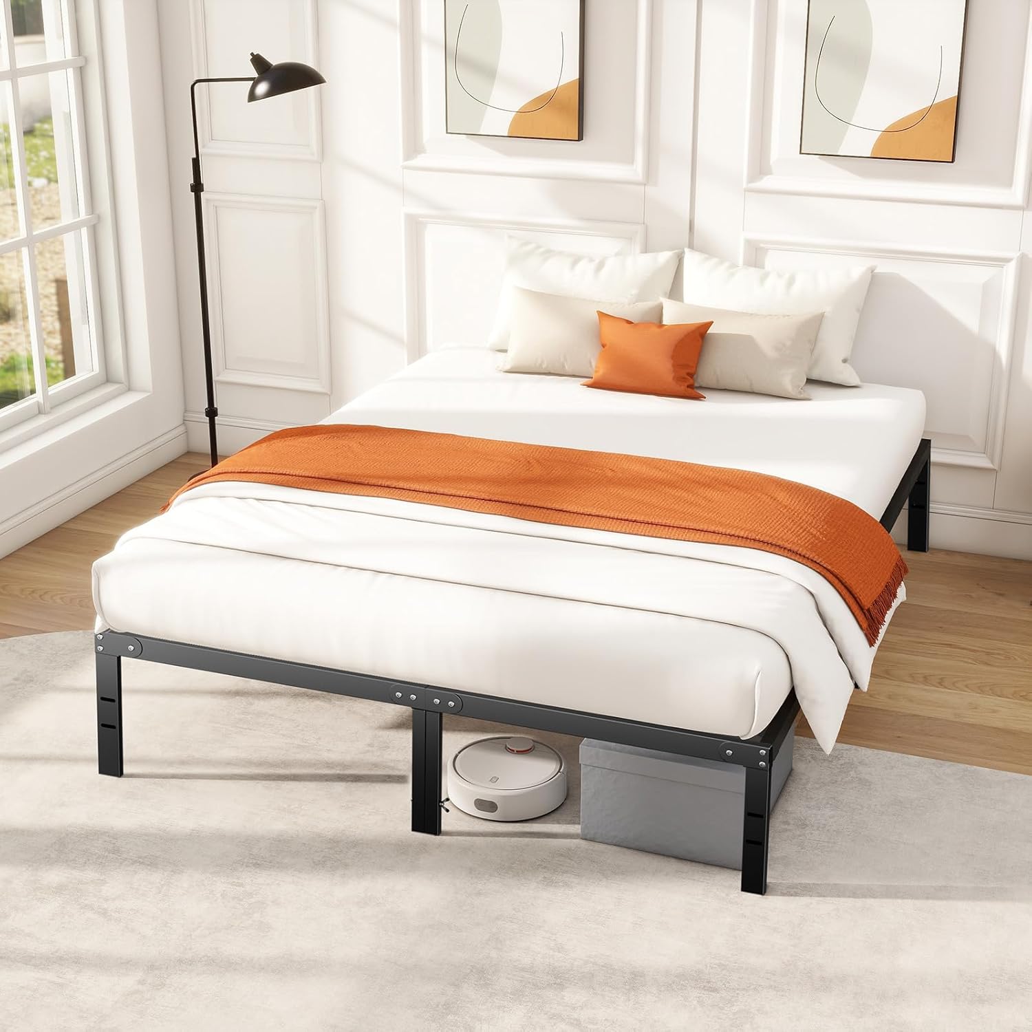King Size Bed Frame, Metal Platform Frames No Box Spring Needed, Heavy Duty with Storage Space, 14 Inches High, Sturdy Steel Slat Support, Black