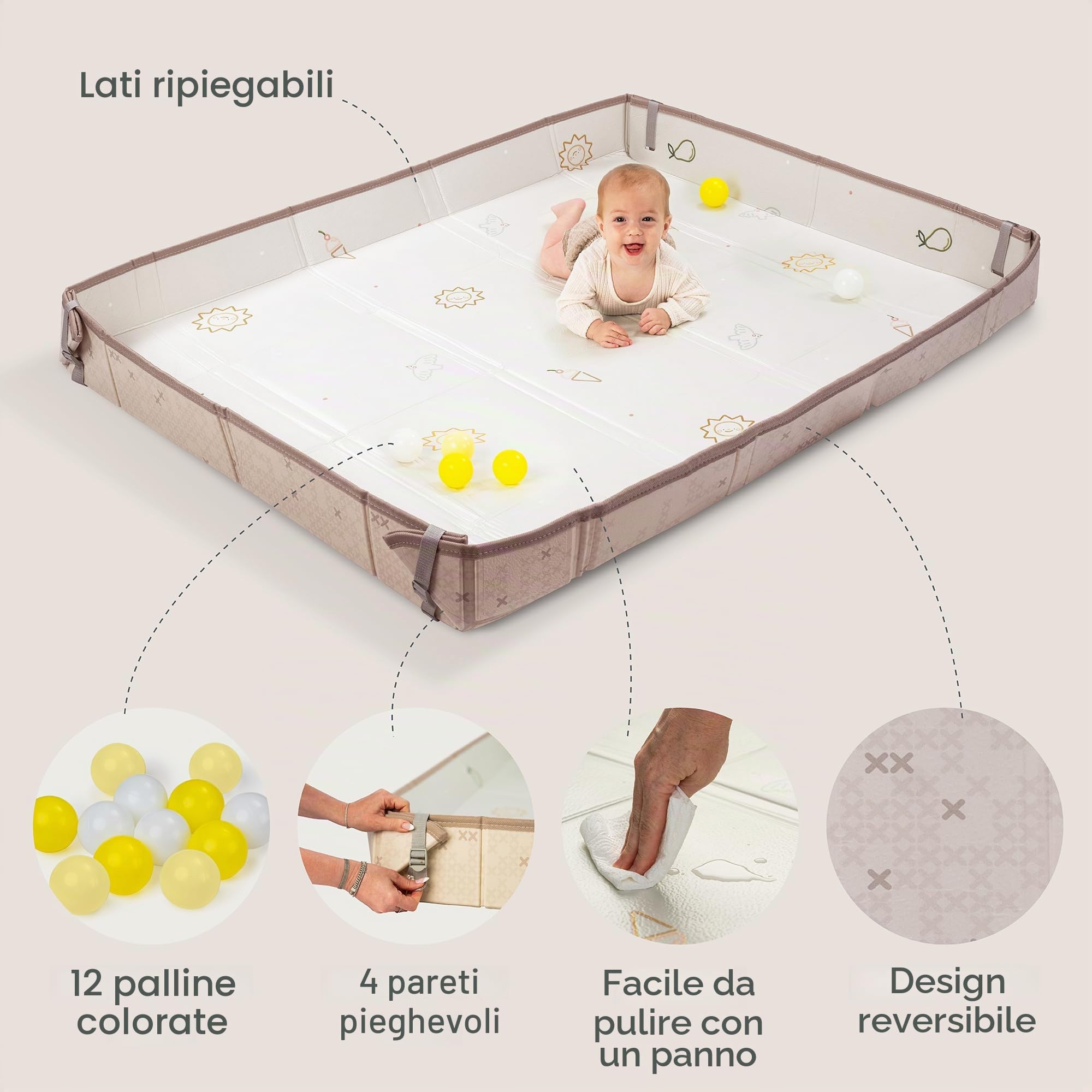 Tappeto da Gioco in Schiuma Reversibile Impermeabile – Grande Formato 180 x 150 cm, Pieghevole con Borsa – Include 12 Palline Colorate e Bordini Rimovibili