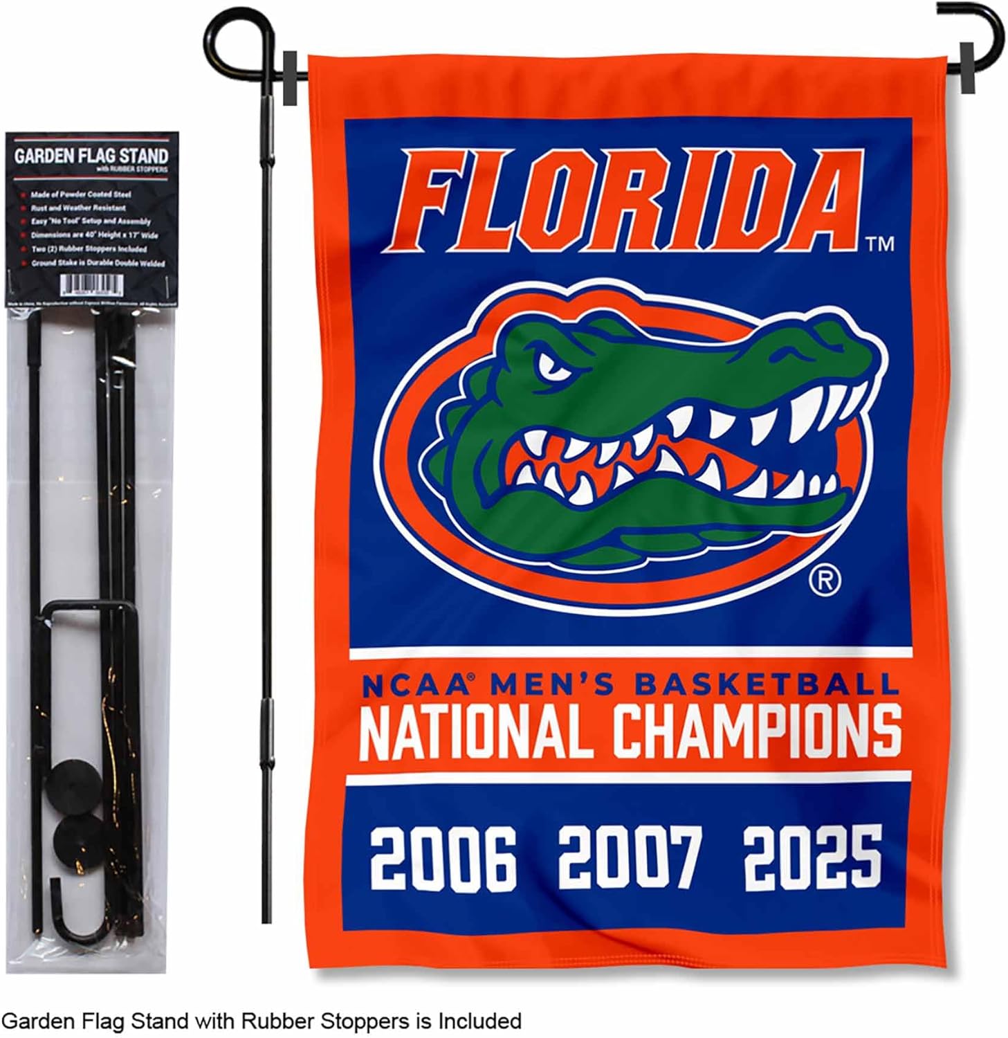 College Flags & Banners Co. Florida Gators 3 Time and 2025 Basketball National Champions Garden Flag with Pole Stand Holder - Image 2