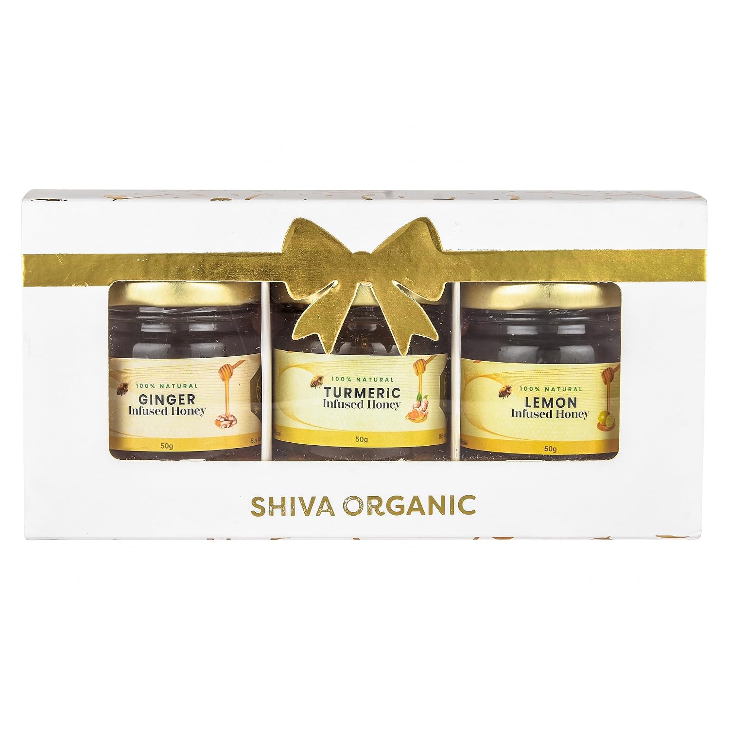 Shiva Organic White and Gold Gift Box 1.76 oz (50g Each) – Three Jar Natural Infused Honey Selection Pack | Premium Holiday and Birthday Tasting Sampler Set