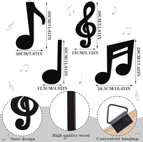 Miniatura 3 de 5 piezas de decoración de pared de madera con diseño de clave de agudos negros, decoración de pared de madera, notas musicales, arte de pared, notas
