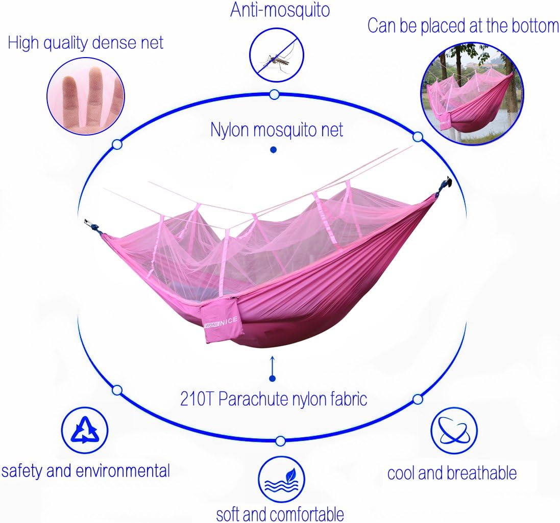 WoneNice Hammock with Mosquito Net, Portable Lightweight Nylon Parachute Multifunctional Hammock with Net and Tree Straps for Camping, Backpacking, Travel, Beach, Yard.