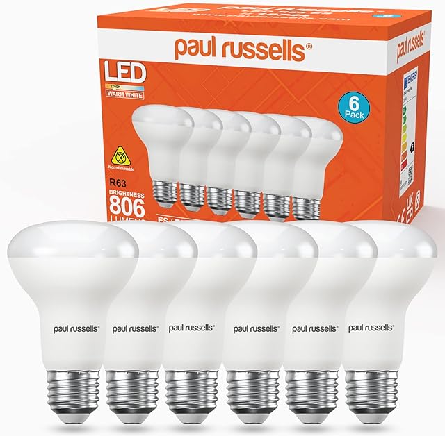 paul russells Warm White E27 Spotlight 8.5W LED Reflector R63 Light Edison Screw 60w Equivalent Bulb 806 Lumen 2700K Frosted 120° Beam Angle ES Energy Saving Lightbulbs, Pack of 6