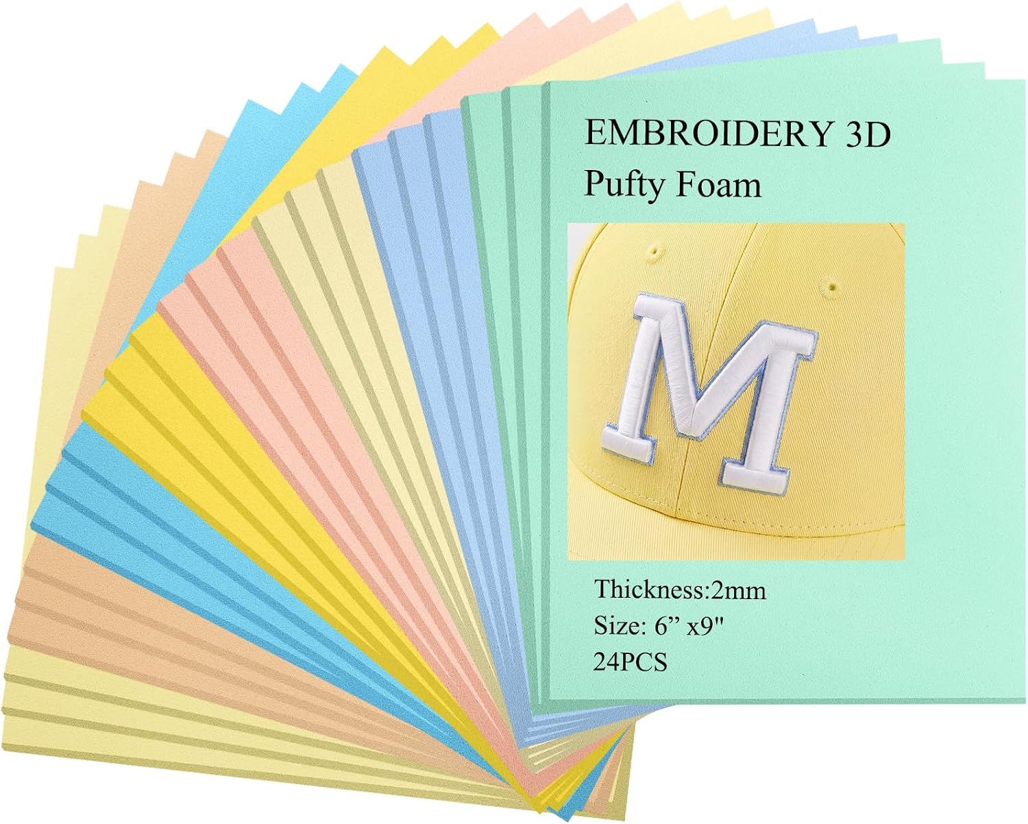 Treela 24 Pcs 3D Embroidery Foam 9" x 6" Puffy Foam 2 mm Assortment EVA Craft Sheets for Arts and Crafts Machine Embroidery, DIY Sewing Project for Hat, Cloth, Jacket, Pillows, Bags (Fresh Color)