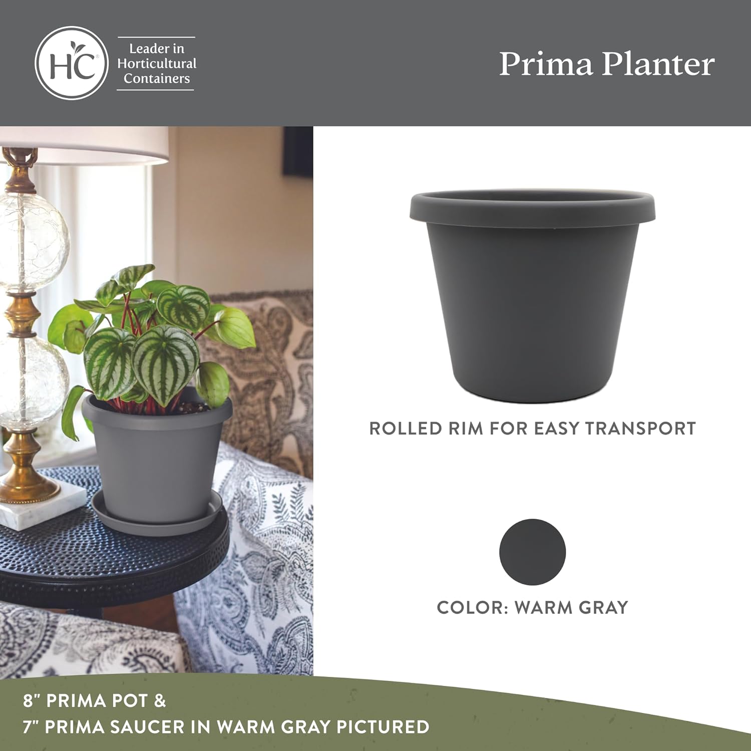 The HC Companies 20 Inch Prima Round Planter Pots with Drainage Holes and Rolled Rim, Lightweight UV-Resistant Plastic Indoor & Outdoor Planters, 2-Pack Flower Pots for Garden & Home Decor, Warm Gray