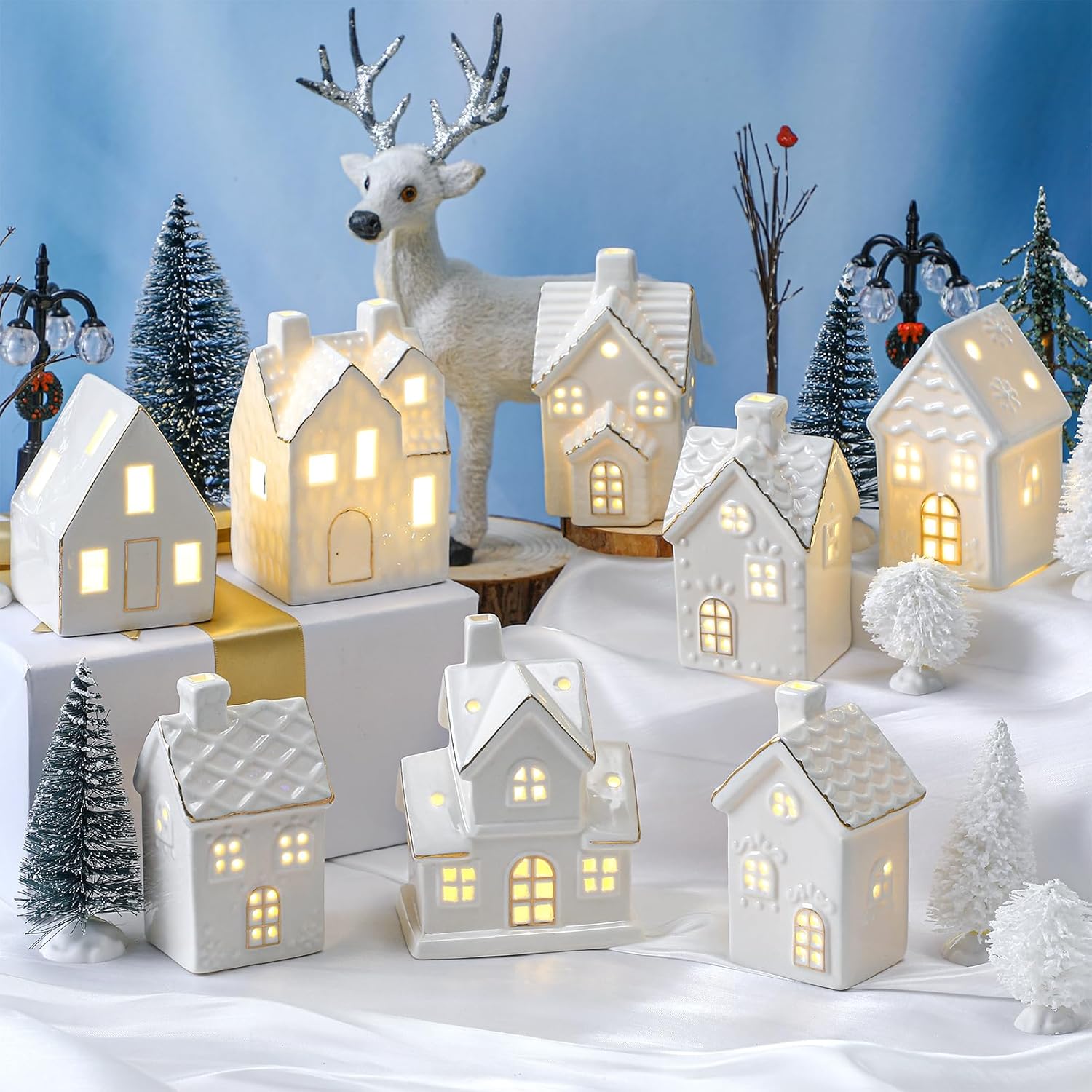 Wesiti 28 Pcs Ceramic LED White Christmas Village Set Include 8 LED White Christmas Village Houses 18 Xmas Trees 2 Lamp Post Scenes Decor Xmas Figurine Decoration Tabletop Mantel Shelf(Elegant)