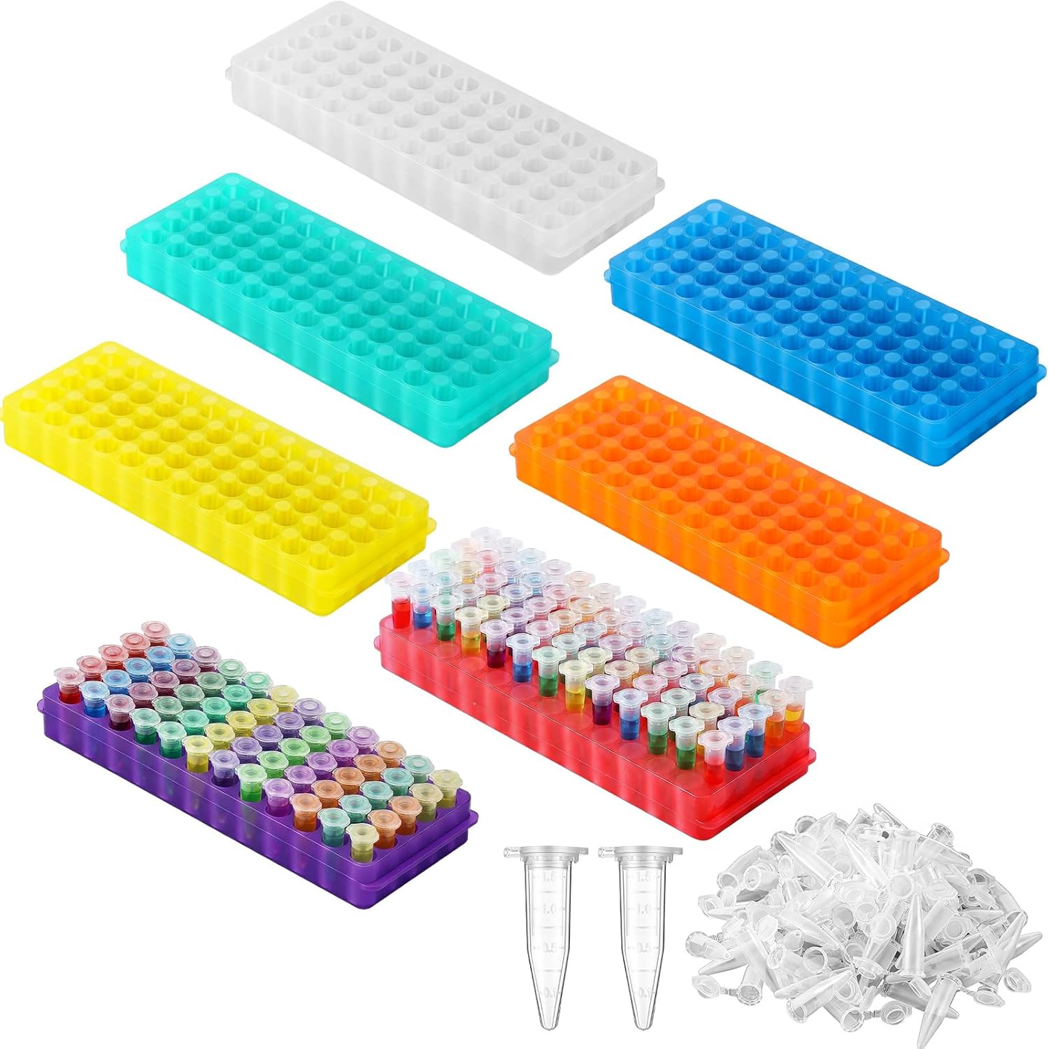 Tioncy 7 Pcs 60 Well Double Panel Microcentrifuge Tube Rack Holder and 500 Polypropylene 1.5 ml Graduated Centrifuge Tubes with Snap Cap for 0.5-2 ml Test Vials Chemistry Laboratory, Assorted Colors