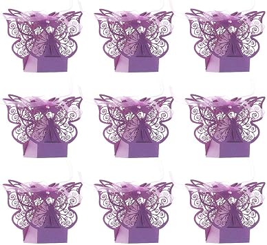 JANOU 24pcs Butterfly Candy Boxes Laser Cut DIY Paper Box with Ribbons for Wedding Bridal Birthday Baby Shower Party Suppliers Purple