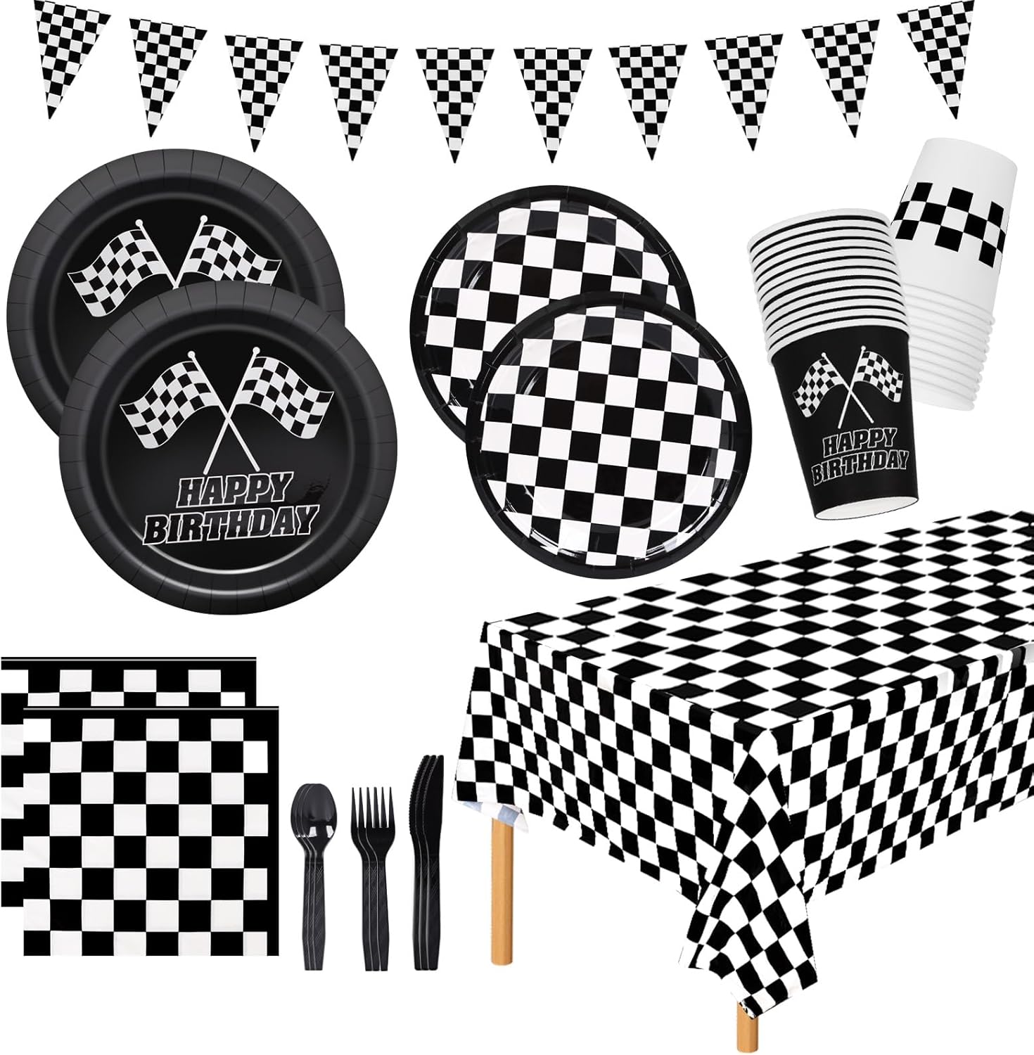 Racing Car Party Supplies 170 Pieces Disposable Party Dinnerware - Black and White Banners Tablecloth Paper Plates Napkins Cups Forks Knives Spoons for Kids Birthday Decorations Serve 24