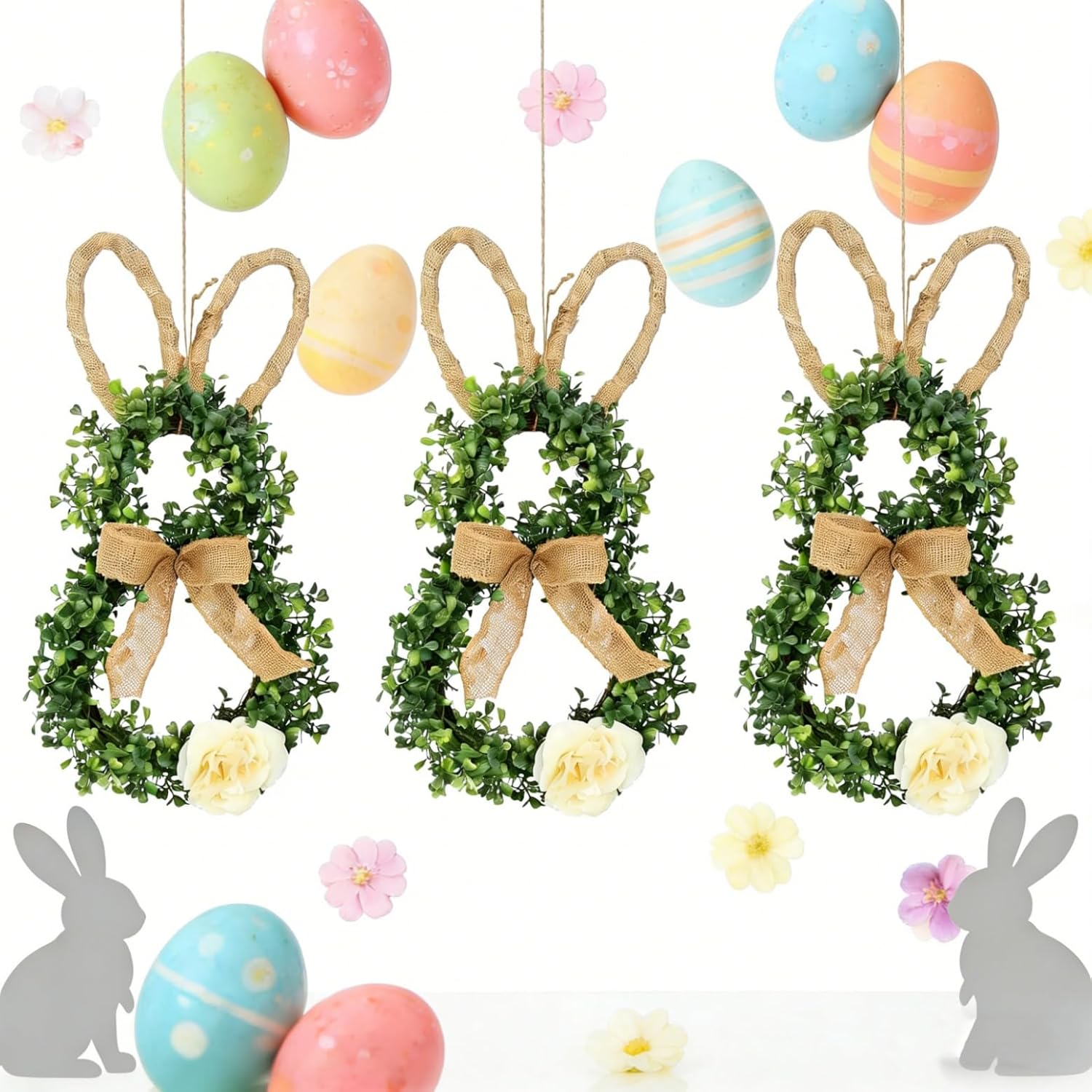 Easter Bunny Wreath, Spring Bunny Shaped Artificial Flower with Bowknot ，9 * 19 in for Front Door Summer Farmhouse Holiday Wall Home Window Decor (A3PC)