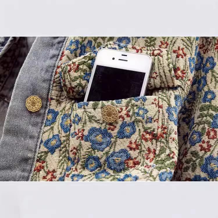 Xaspee Womens Peter Pan Collar Cropped Jean Jacket Embroidered Jacquard Long Sleeve Casual Floral Denim Jackets Coat4