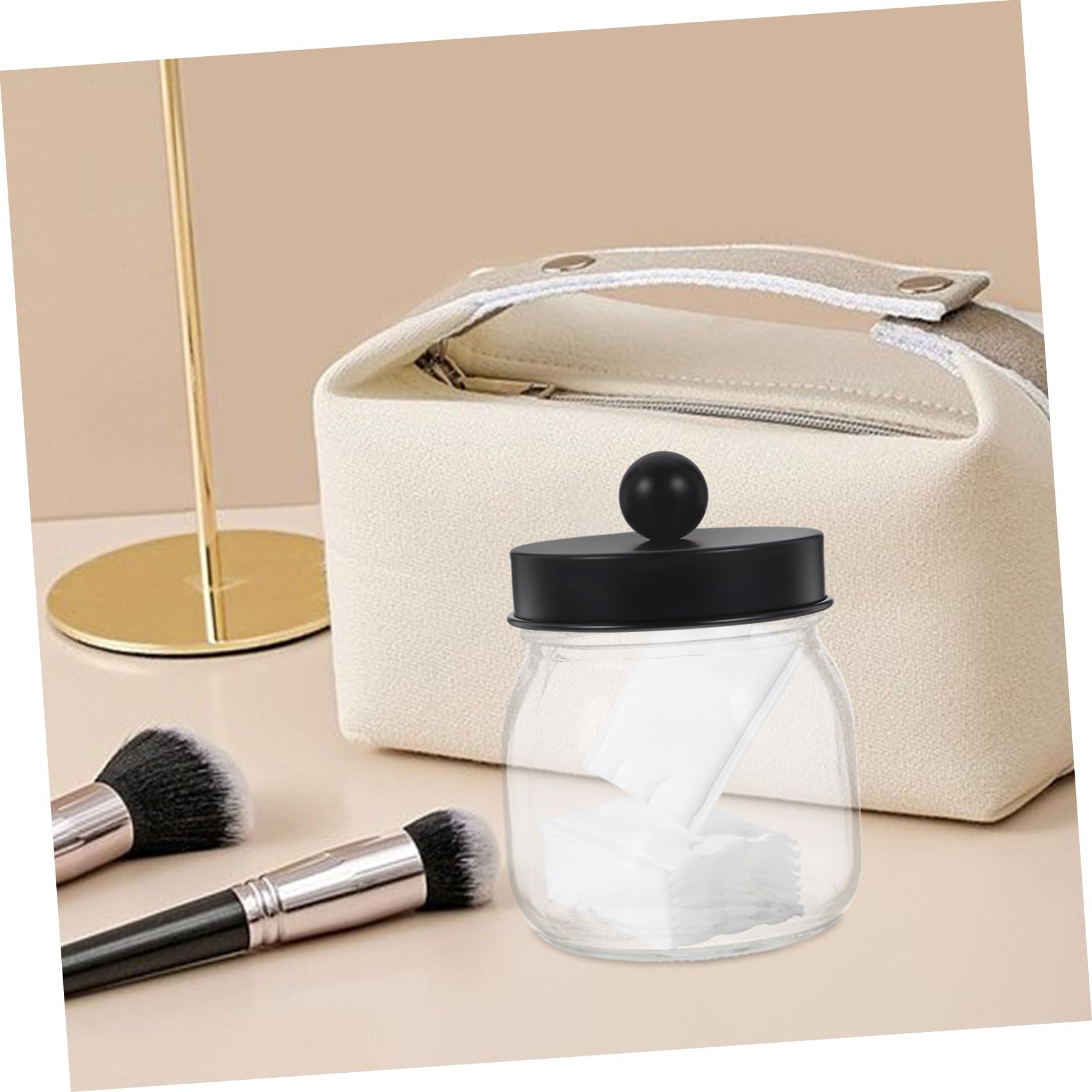 2 Stück Badezimmerglas mit Deckel Hautpflege Organizer aus Glas und Edelstahl Transparent Schwarz für Wattestäbchen und Wattepads