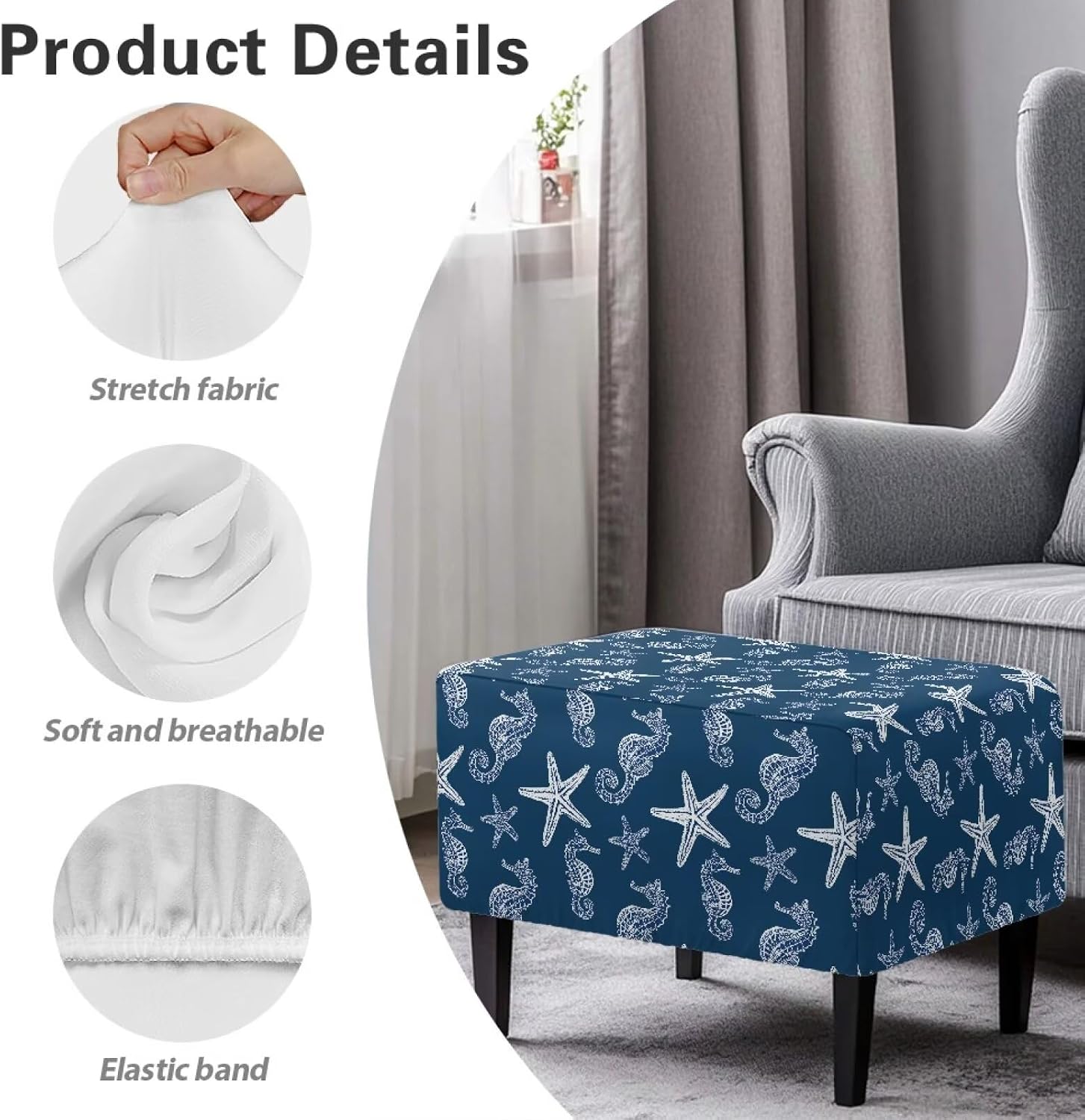 Coastal Ottoman Cover Rectangular Starfish Storage Ottoman Cover Seahorse Rectangle Footstool Chair Slipcover Fit 33"-30"-15" Footrest Protector for Living Dining Room - L