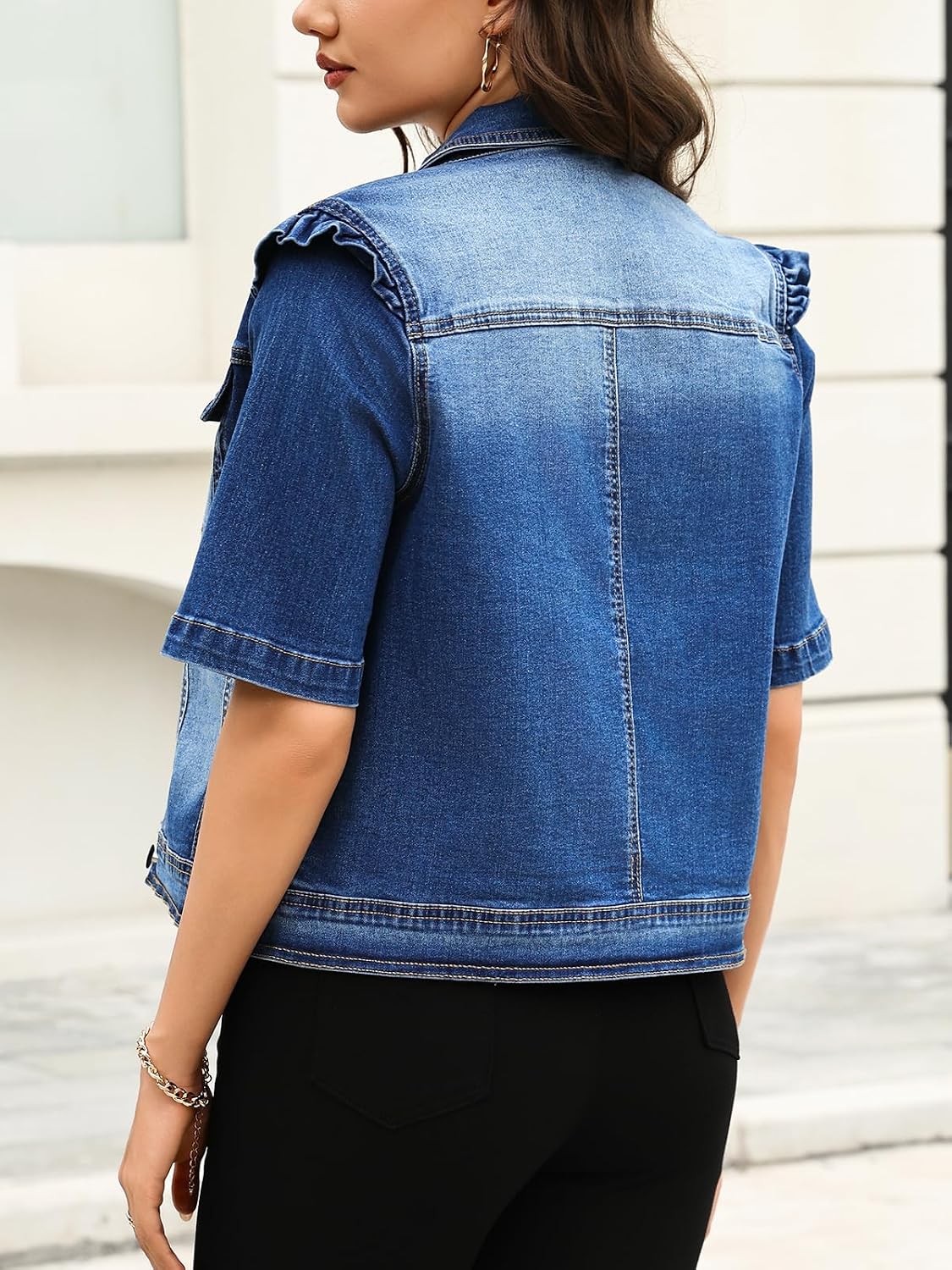 Kedera Women Short Sleeve Denim Jacket Button Down Jean Shirt Jacket with Pockets Lightweight Summer Casual Stretch Top