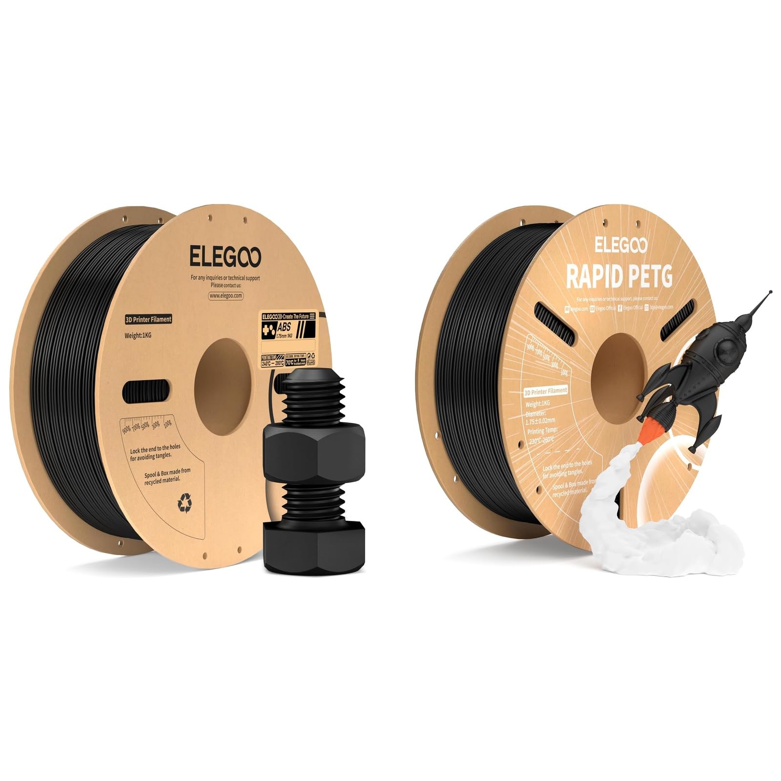 ELEGOO ABS Filamento 1,75 mm Nero 1KG & PETG Filamento Nero 1kg