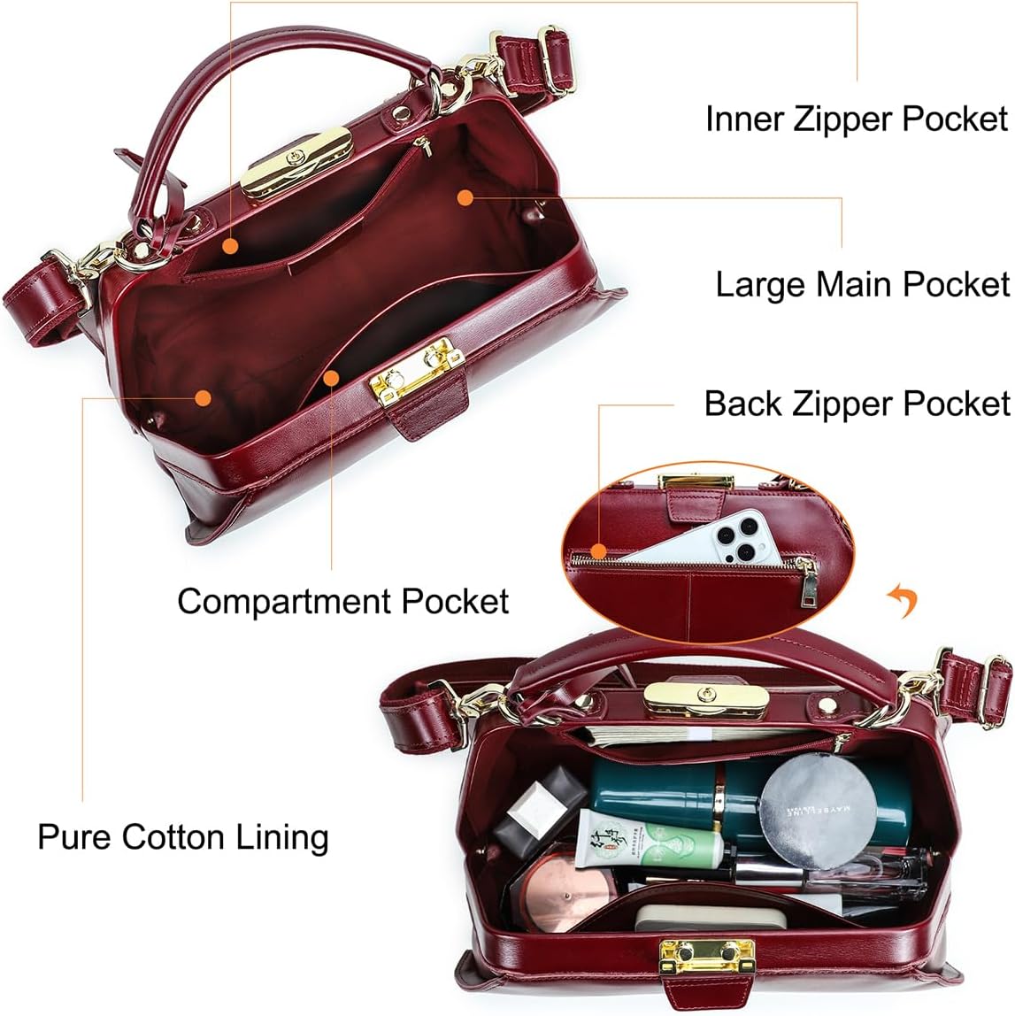 Women's Full Grain Leather Doctor Bag Purse Vintage Top-Handle Bag