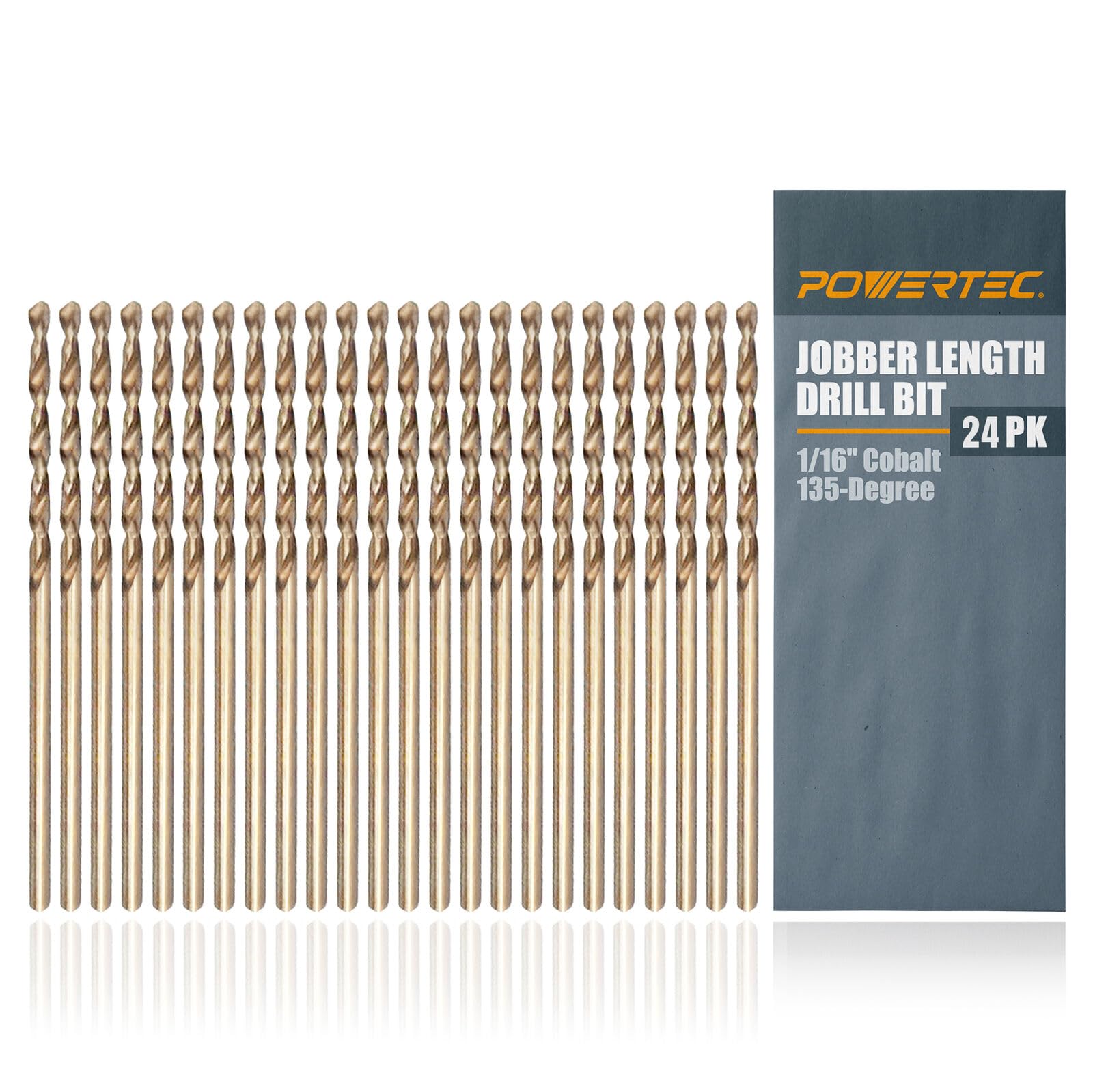 POWERTEC 1/16" Cobalt Drill Bits - 24 Pack - 1-3/4" Length - M35 HSS Jobber Length Twist Bits with 135° Tip for Drilling Wood, Metal, Stainless Steel,