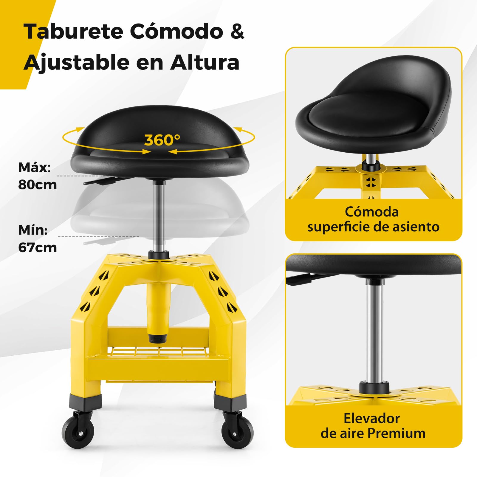 COSTWAY Taburete de Taller Rodante, Asiento de Mecánica Ajustable en Altura con Bandeja para Herramientas y 4 Ruedas Universales, Capacidad de 150 Kg, para Fábrica, Garaje y Taller (Amarillo)