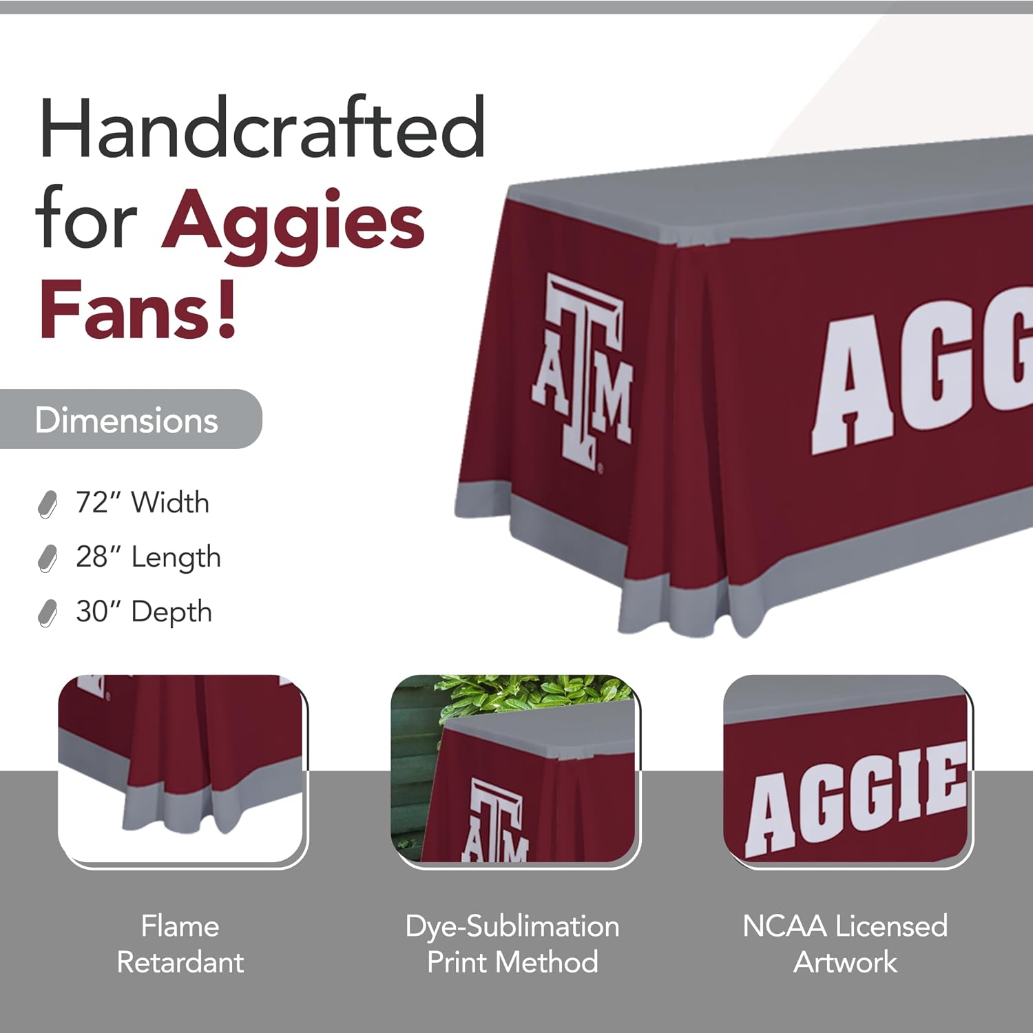 Victory Corps Texas A&M Aggies College Sports Printed Table Throw - NCAA Licensed - Polyester - School Tablecloth (Maroon, White, Gray) (6' Draped)