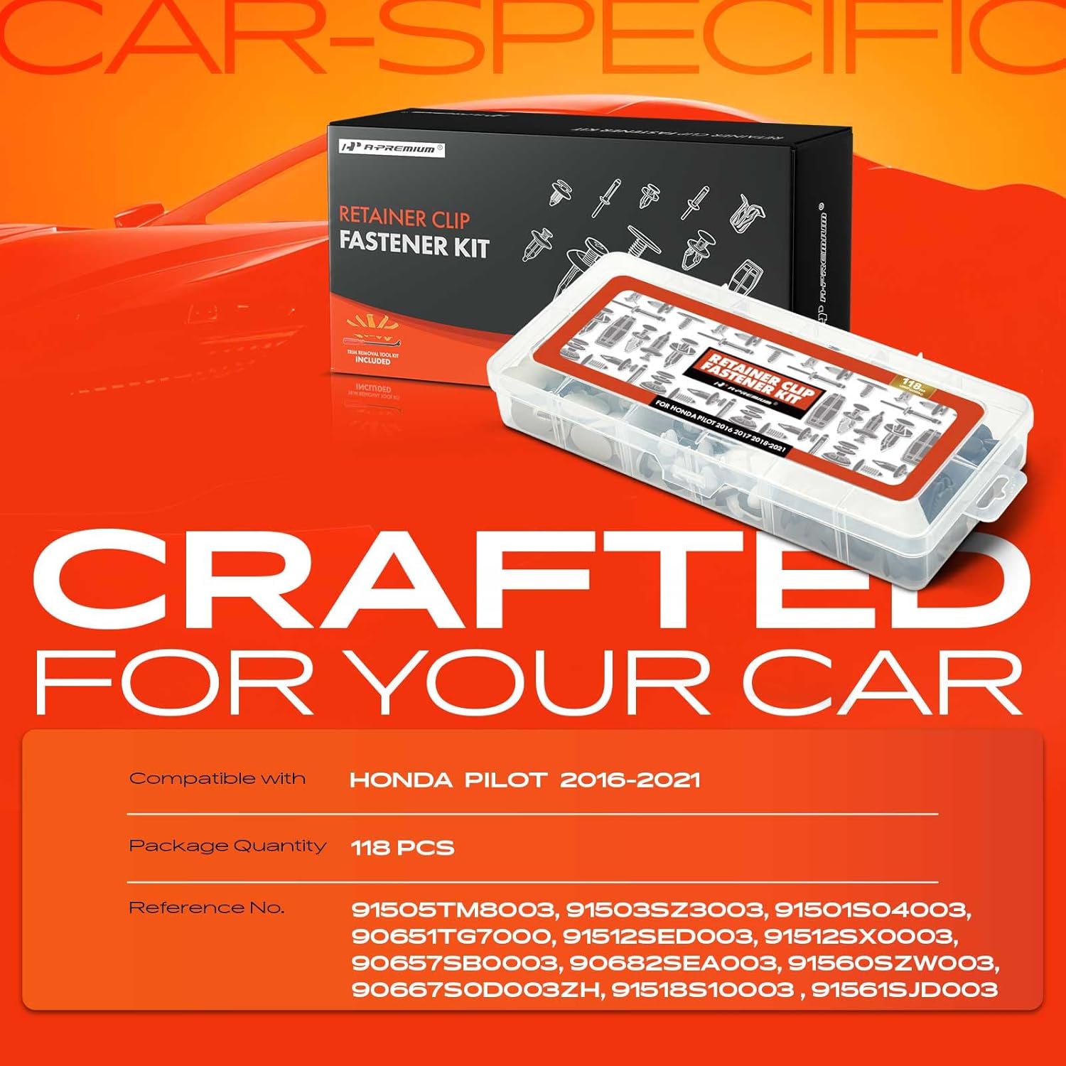 A-Premium 118PCS (12 Sizes/26 oz) Bumper Fender Retainer Clips Kit - Compatible with Honda Pilot 2016-2021 - Door Panel Molding Hood Pillar Push Pin Plastic Nylon Rivet Fastener Set, w/Removal Tool