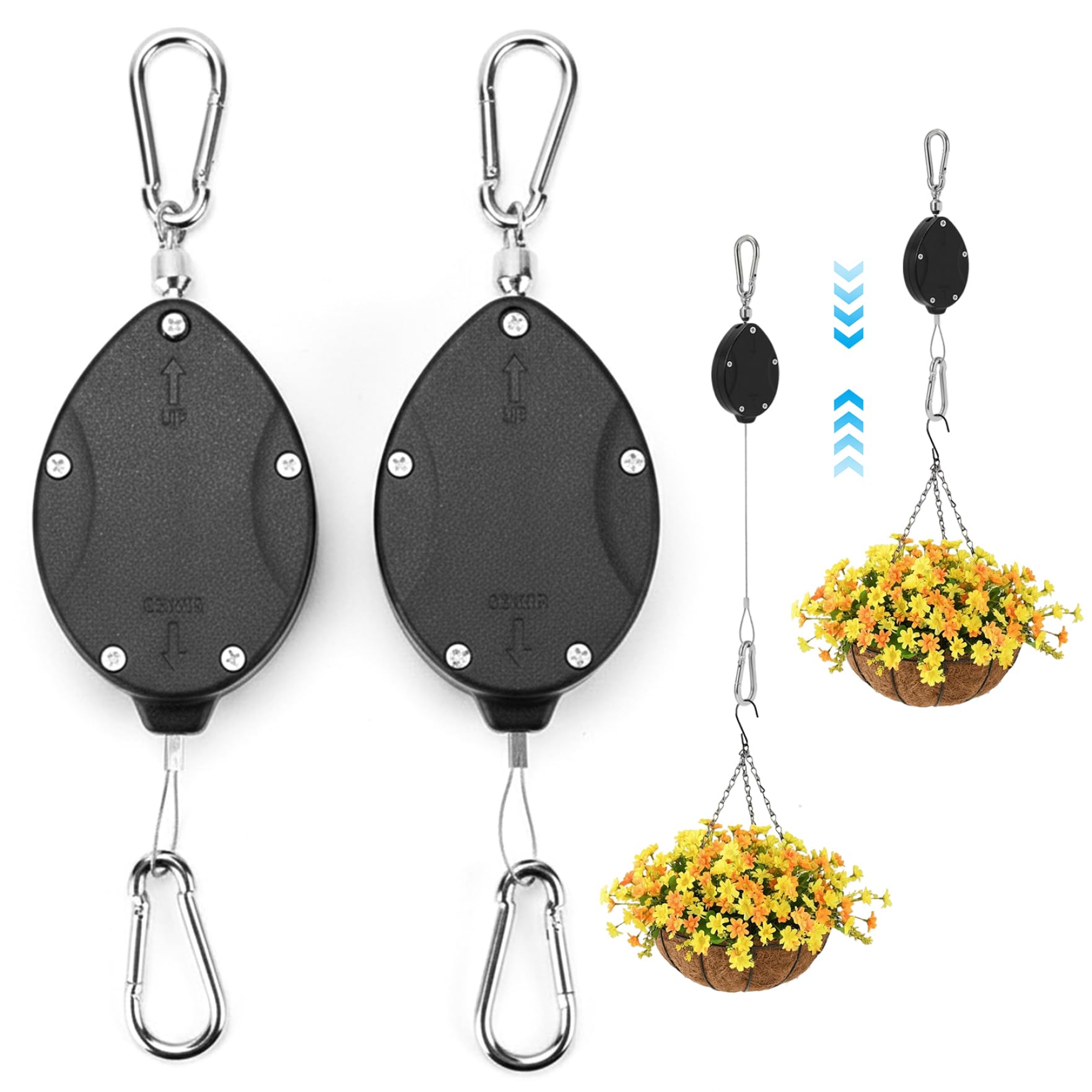 Takingup Plant Pulley, Retractable Plant Hanger, Heavy Duty 304 Stainless Steel, Adjustable Hooks, 2Pcs, for Hanging Baskets and Bird Feeders
