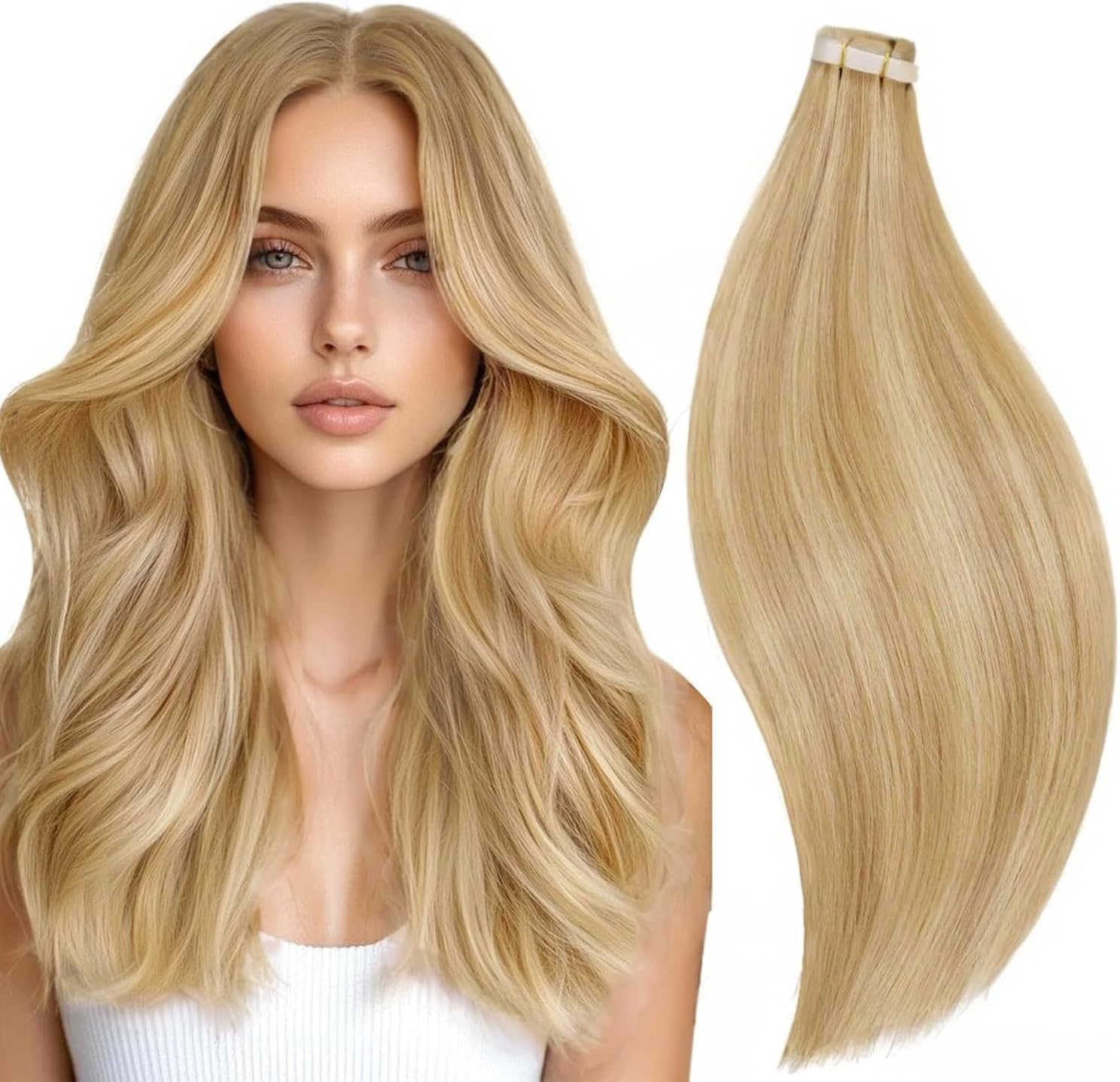 RUNATURE Blonde Tape Hair Extensions Real Human Hair Tape in Hair Extensions Human Hair Invisible Tapes Remy Straight White Blonde Hair 20pcs 50g 18 Inch #800 — view 40