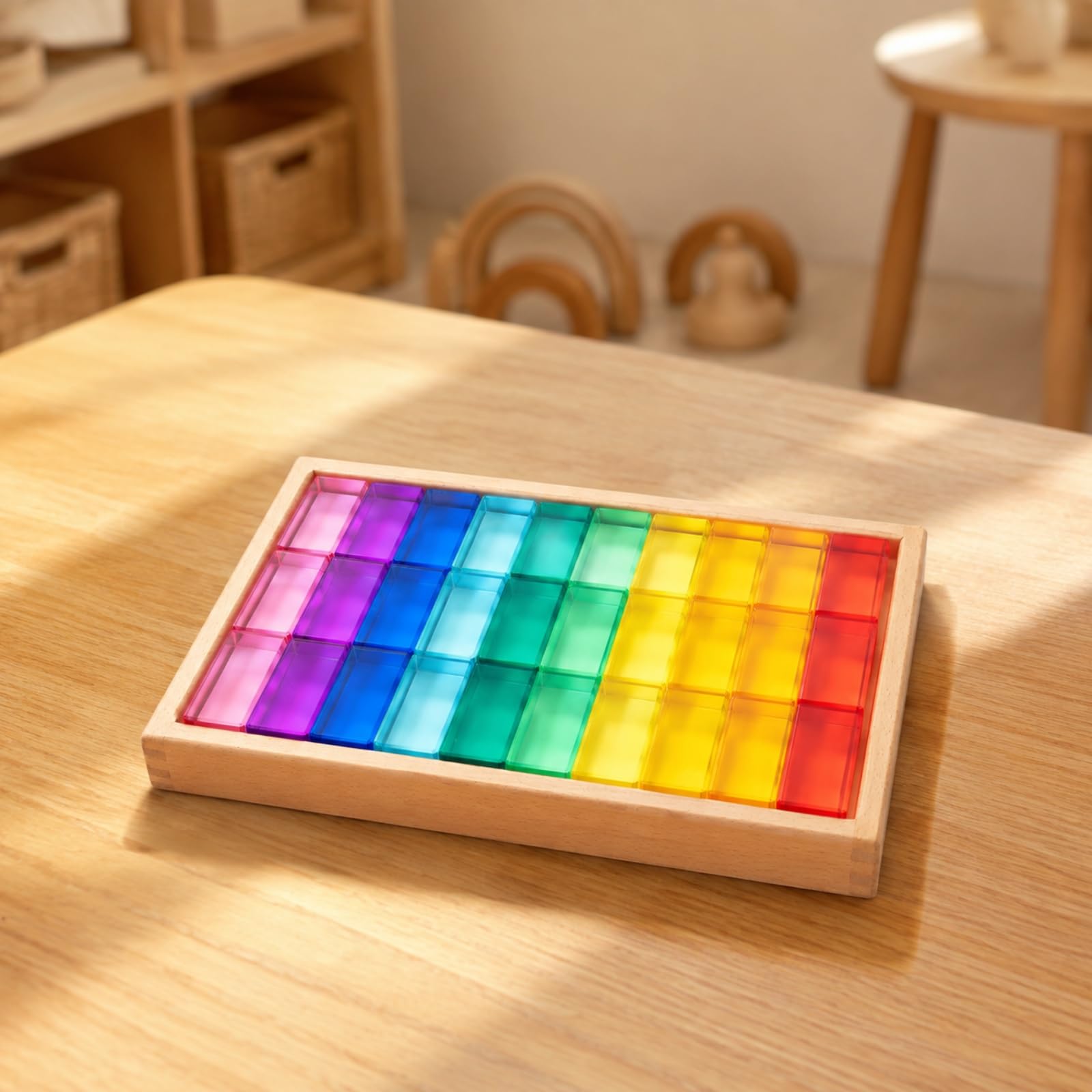 30 Pezzi Blocco da Costruzione con Vassoio in Legno Liscio Blocco Acrilico Trasdo Colorato Giocattolo Educativo per Bambini, Stile B