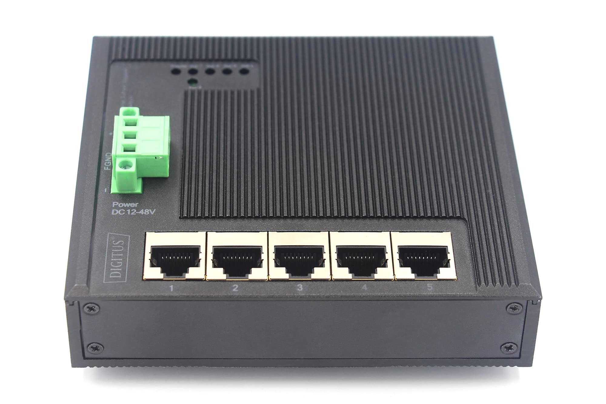 DIGITUS Płaski przełącznik sieciowy – 5-portowy Gigabit Ethernet – montaż na szynie DIN – listwa zaciskowa – bez wentylatora – czarny/niebieski