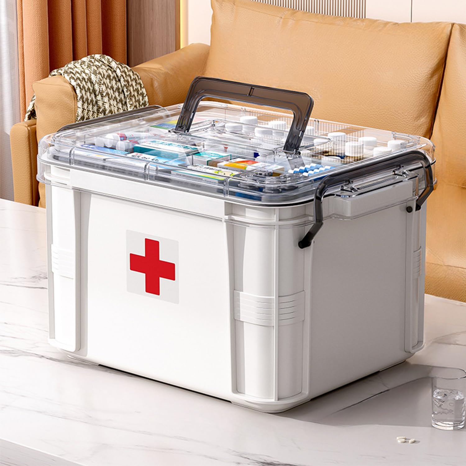 HIKENRI Household Medicine Storage Box Organiser,First Aid Box,Double Layers Multi Grid Medicine Box,Portable with Lid Medication Storage Box Medicine Cabinet for Home(White-L)