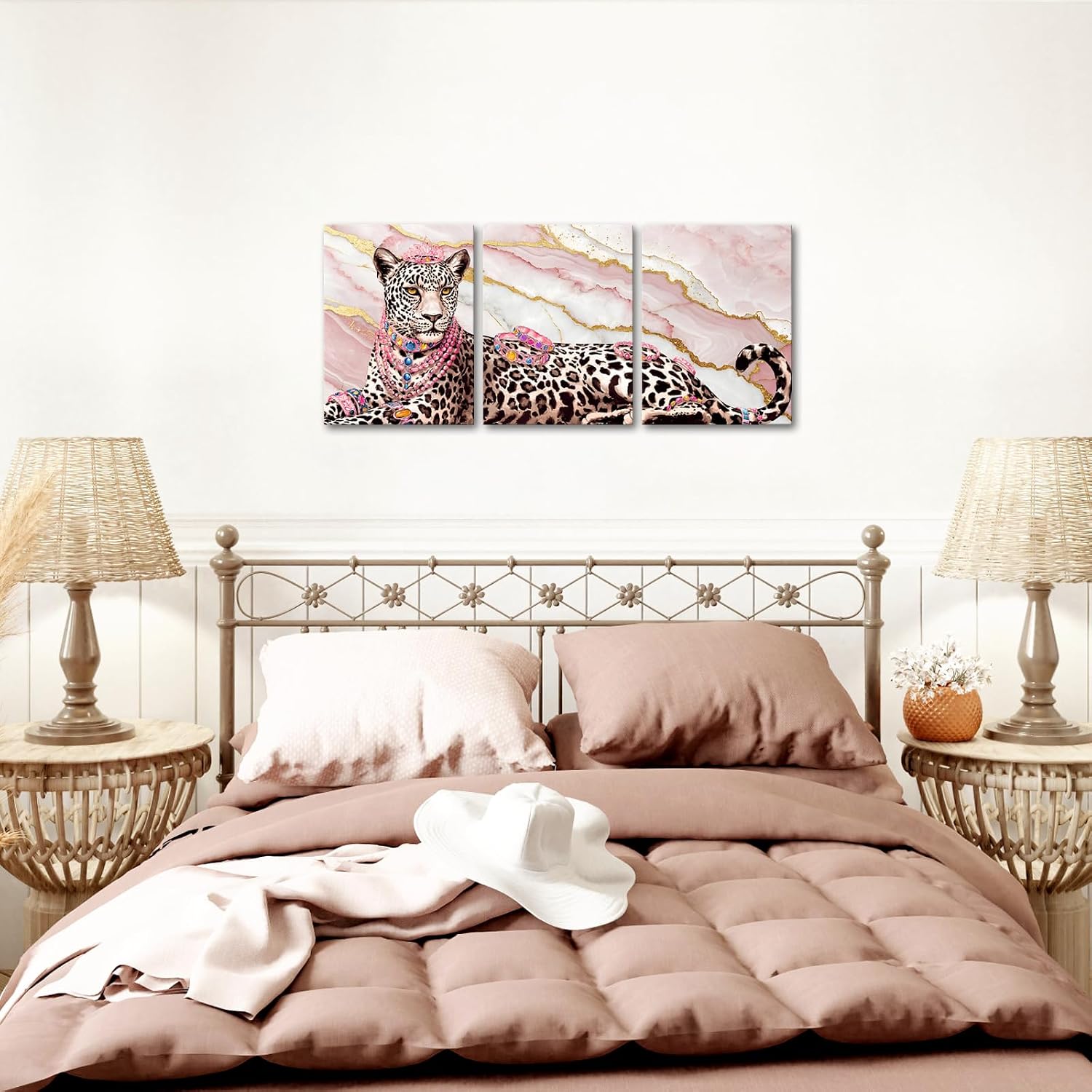 KREATIVE ARTS Pink Leopard Canvas Wall Art Set of 3 Abstract Glam Animal Print with Marble Texture and Gold Accents Modern Fashion Artwork for Bedroom Closet Vanity Room Wall Decor 12x16 Inches Each
