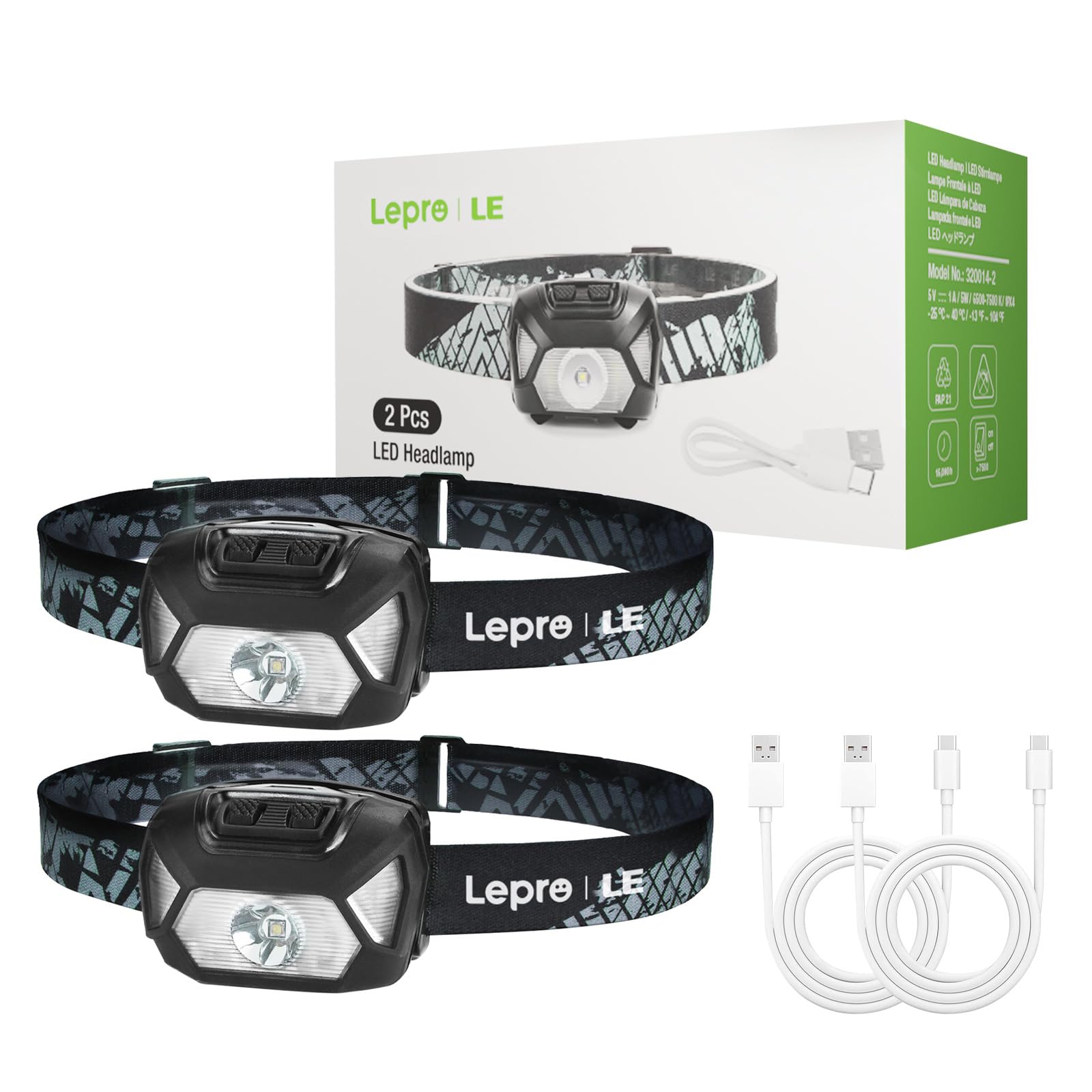 Lepro Headlamp Rechargeable Super Bright, LED Head Lamp with 6 Modes for Camping & Hiking Gear Essentials, IPX4 Waterproof High Lumen Headlight Flashlights with Adjustable Headband,USB Cable Included