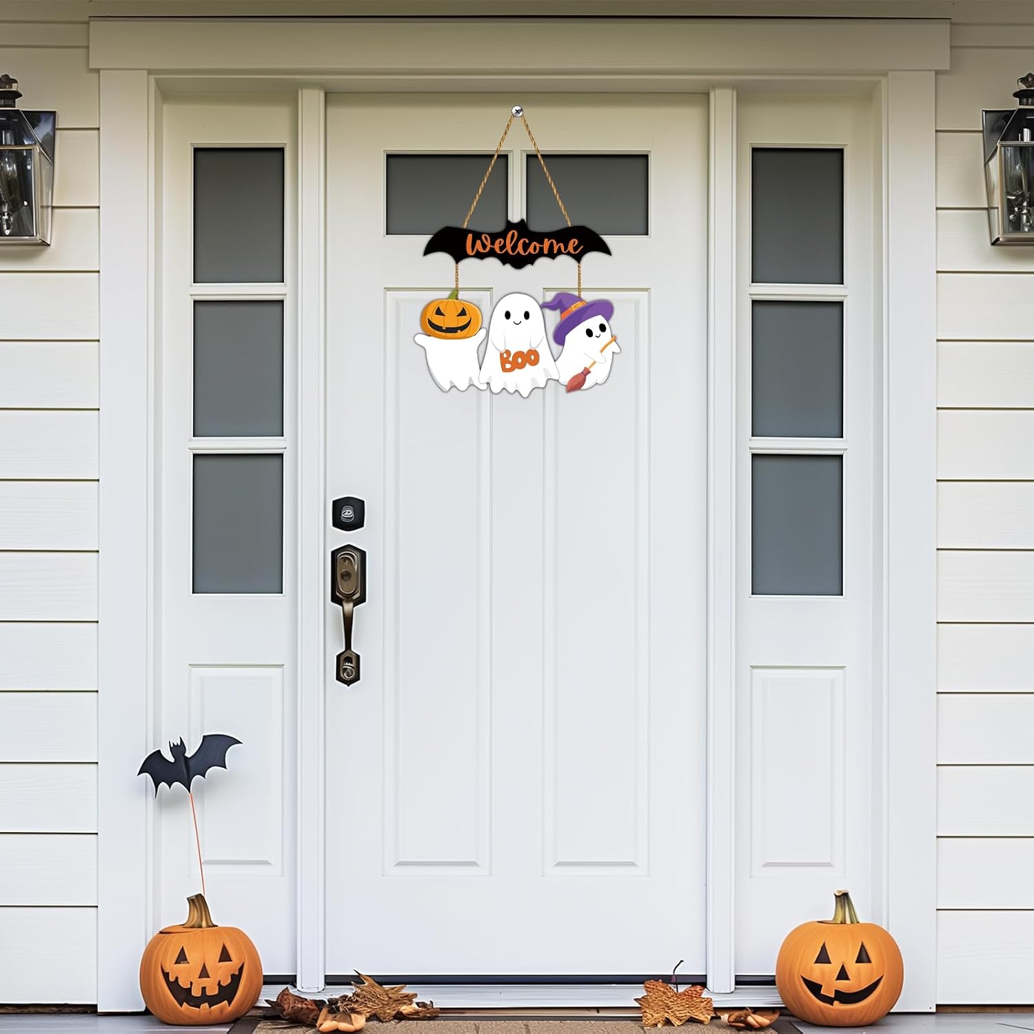 Halloween Door Decorations Cute Ghost Decor Wreath Bat Welcome Sign Wooden Front Door Hanger Bat Ghost Hanging Sign Wreath for Wall Indoor Home Decor