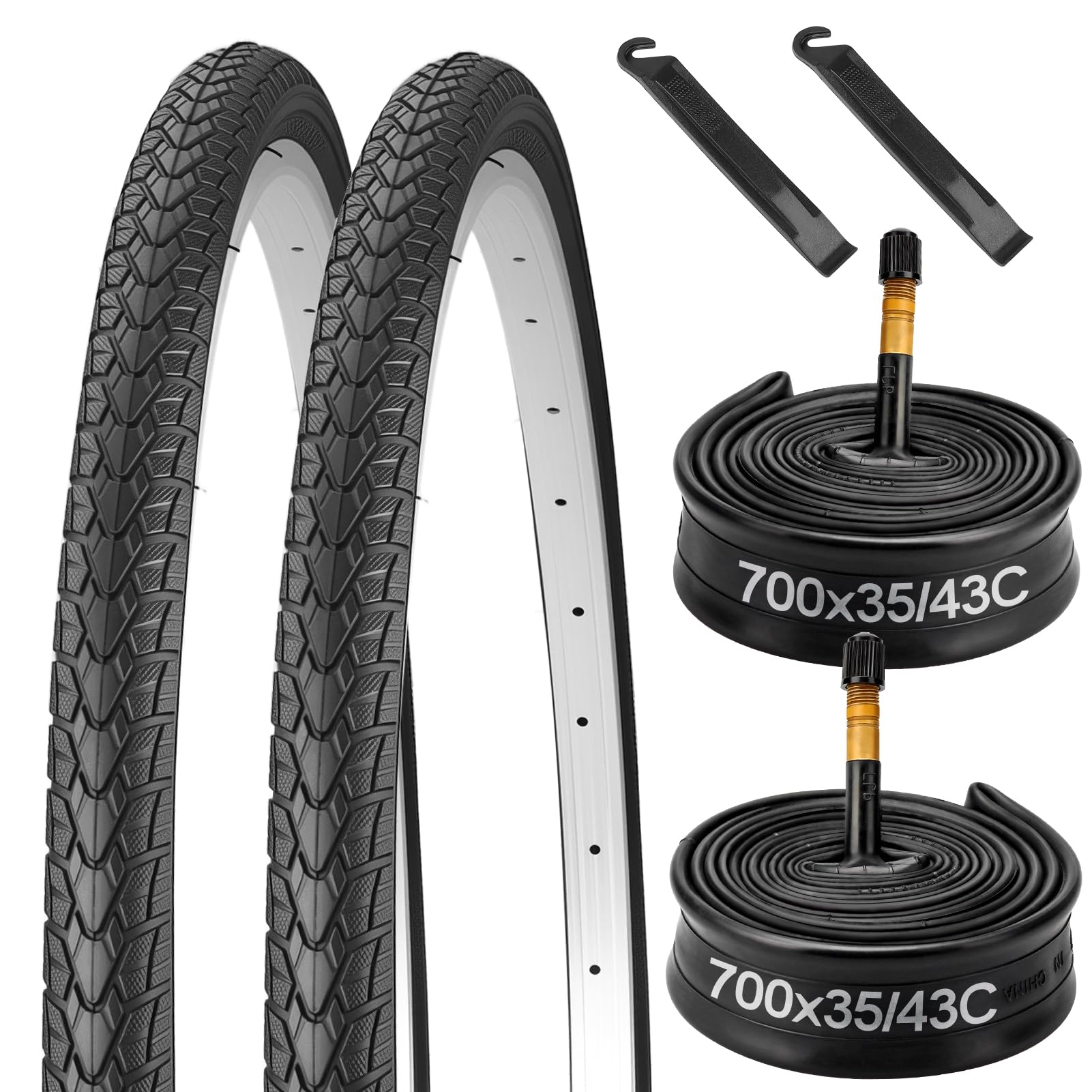 700C Bike Tires 700x35C (37-622) and 700x35/43C Bike Tubes with 48mm Schrader Valve and 2 Tire Levers for 28 x 1 3/8 x 1 5/8 Bike Tire Anti Puncture