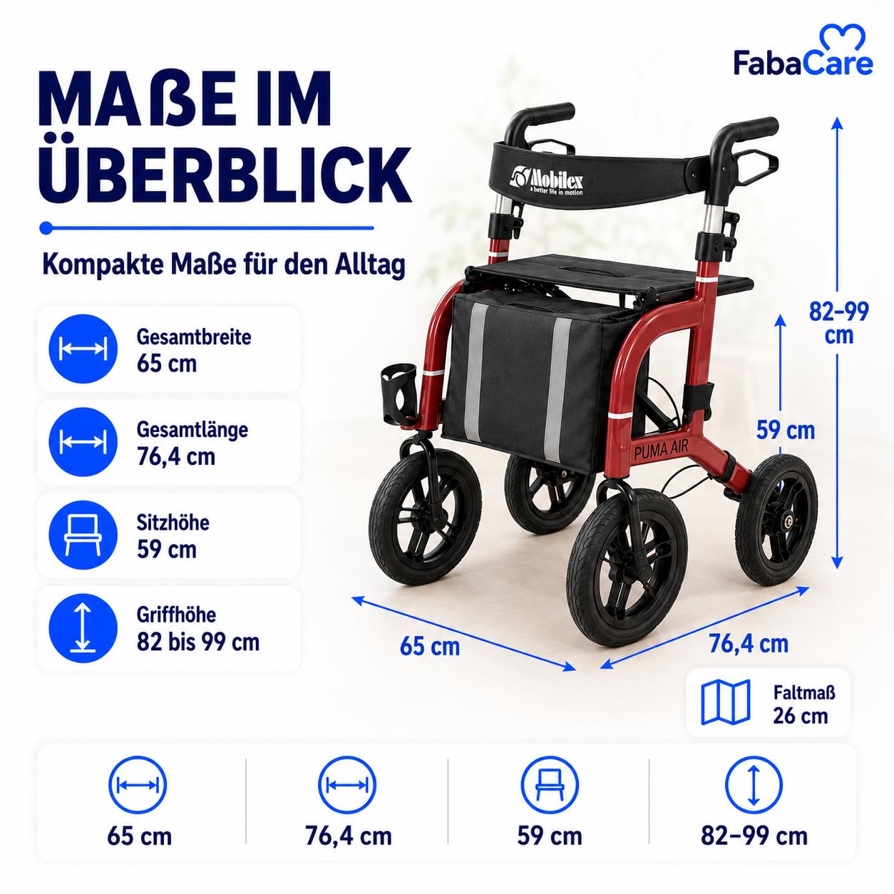 FabaCare Outdoor-Rollator Puma Air rot mit Luftbereifung | Leichtgewichtrollator faltbar bis 150 kg mit Tasche, Rückengurt, Stockhalter, Getränkehalter & Feststellbremse