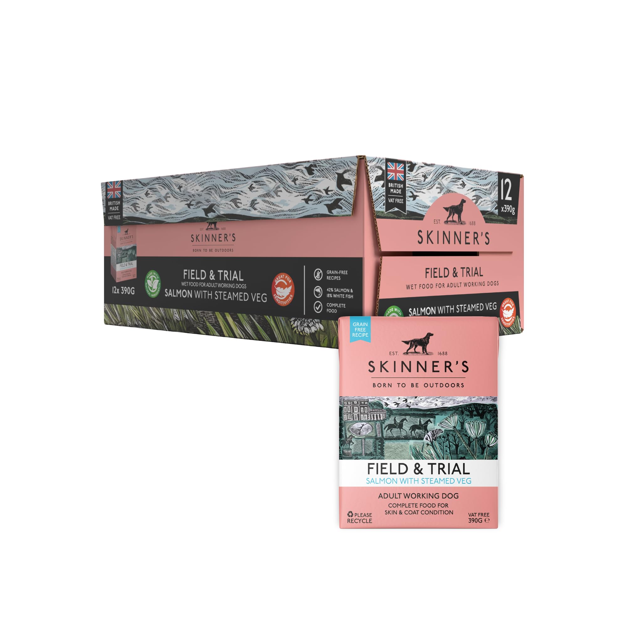 Skinners Field & Trial, Grain Free Salmon & Steamed Veg, Adult Wet Dog Food, Pack of 12 x 390g Cartons