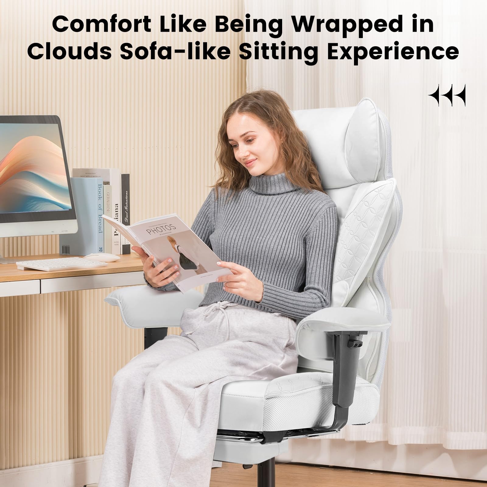 COMHOMA Silla Gaming Ergonómica, con apoyabrazos ajustables, soporte lumbar, muelles para personas altas, soporta 180 kg, asiento amplio, Blanca
