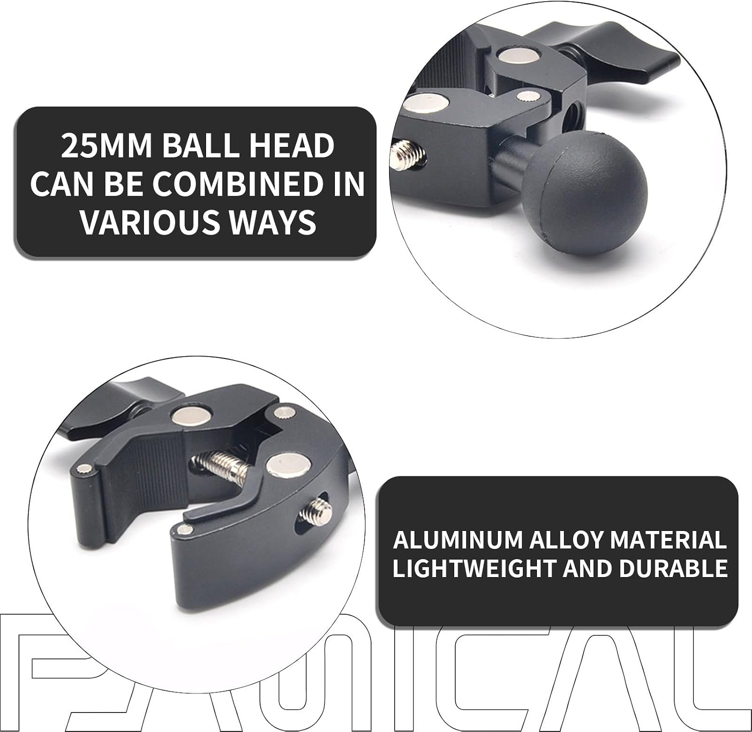 PANICAL 1'' Ball Clamp Mount Base Aluminum Alloy Tough Claw Handlebar Rail 0.5''-1.75'' Diameter 1'' Ball Double Socket Arm Bike Motorcycle Phone Holder (1 "Ball Alloy Claw)