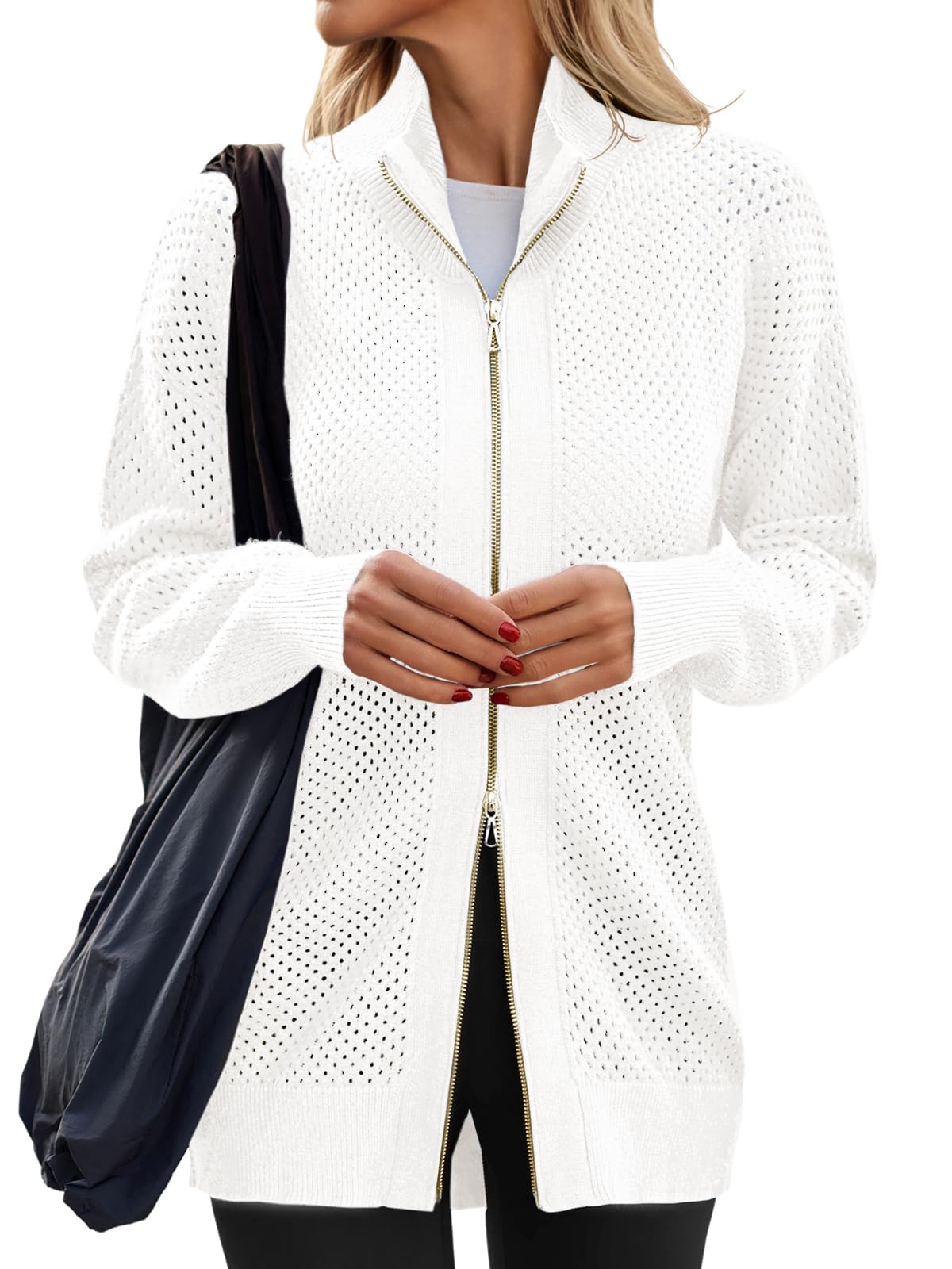 Women's Turtleneck Zip Up Cardigan Sweaters Oversized Drop Shoulder Long Sleeve Casual Solid Mesh Knit Jumper Tops