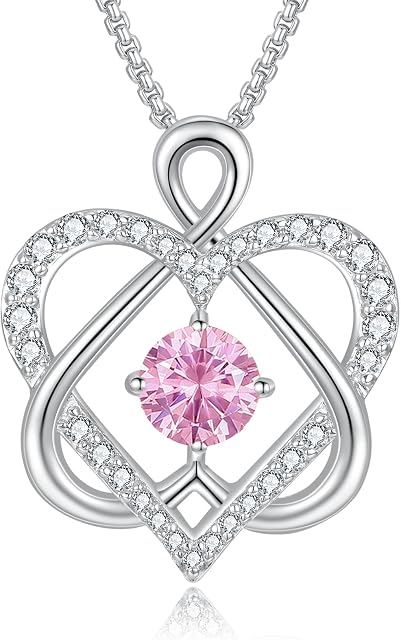 Praelinos Guard Love Heart Birthstone Necklaces for Women White Gold Plated Pendant 5A Cubic Zirconia Silver Tone Birthday Valentines Mother's Day Jewellery Gifts for Women Mum Wife Her