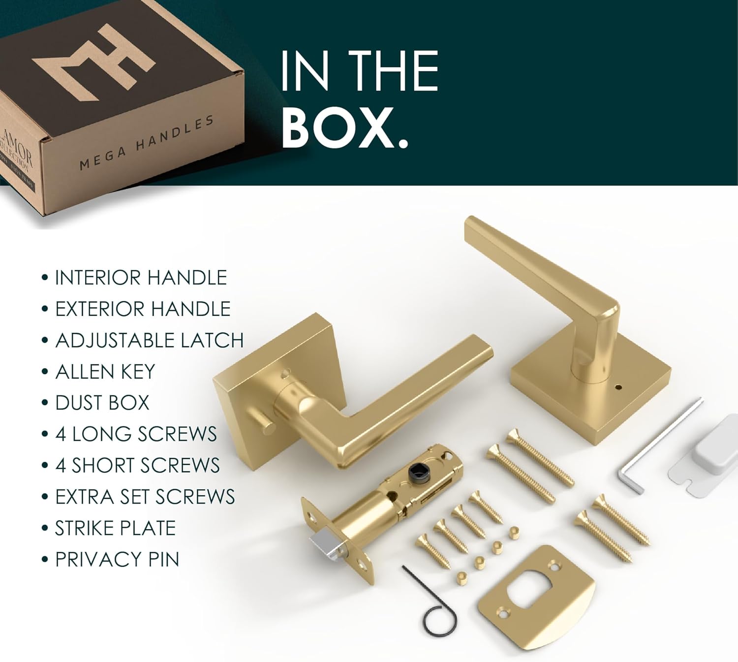 Mega Handles Schein Privacy Door Handle - 1 Pack Interior Reversible Gold Door Handle, Heavy Duty Bed & Bath Door Handles with Privacy Door Lock, Fits All Standard Doors - Satin Brass