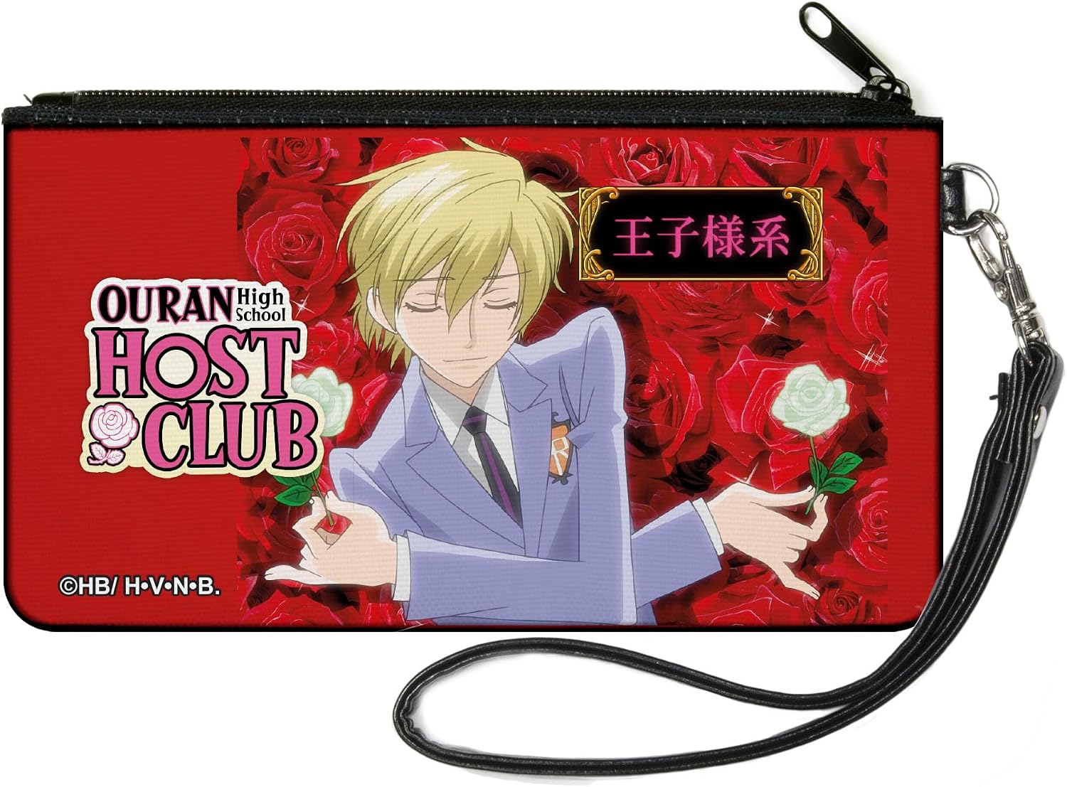 Buckle-Down Ouran High School Host Club Wallet, Zip Clutch, Ouran Host Club Tamaki Suoh White Rose Pose and Title Logo, Canvas