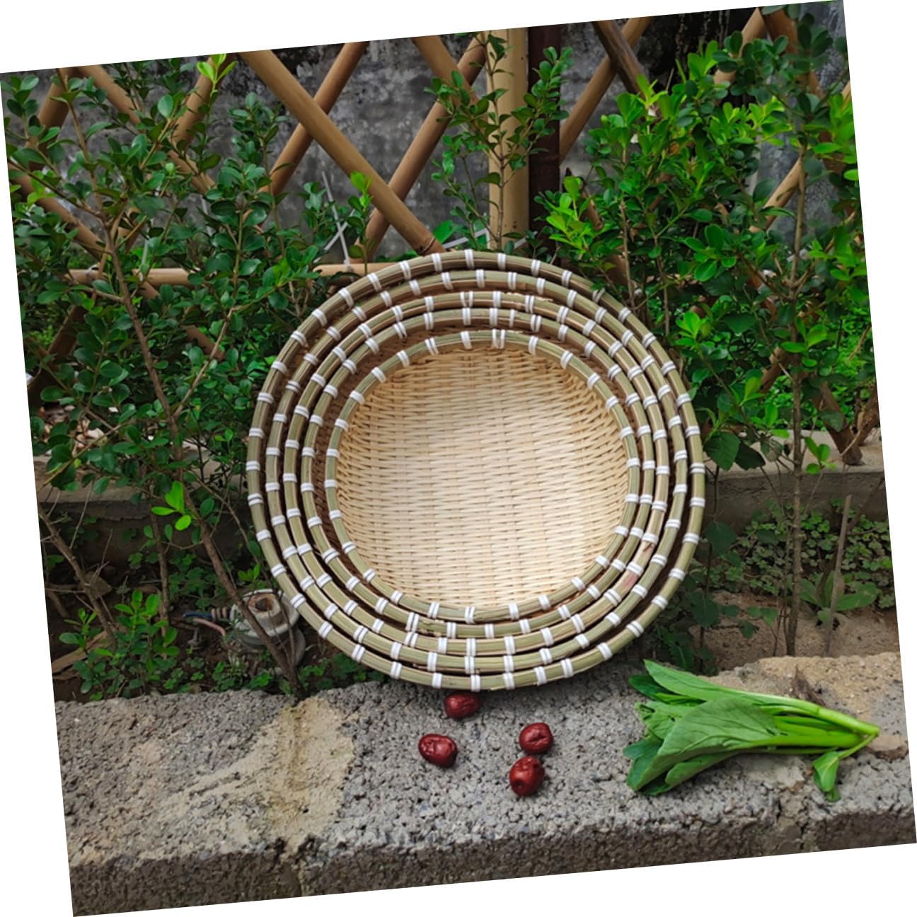 Bread Basket Set with Drainer and Fruit Tray, Handmade Household Kitchen Organizer for Washing Vegetables and Storing Buns, 5pcs round Storage Baskets for Dining and Food Serving