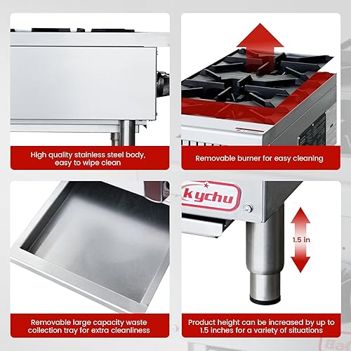 Miniatura 9 de Estufa de gas comercial de 2 quemadores, estufa de cocina de encimera de 50,000 BTU, placa caliente resistente, equipo de cocina de acero inoxidable