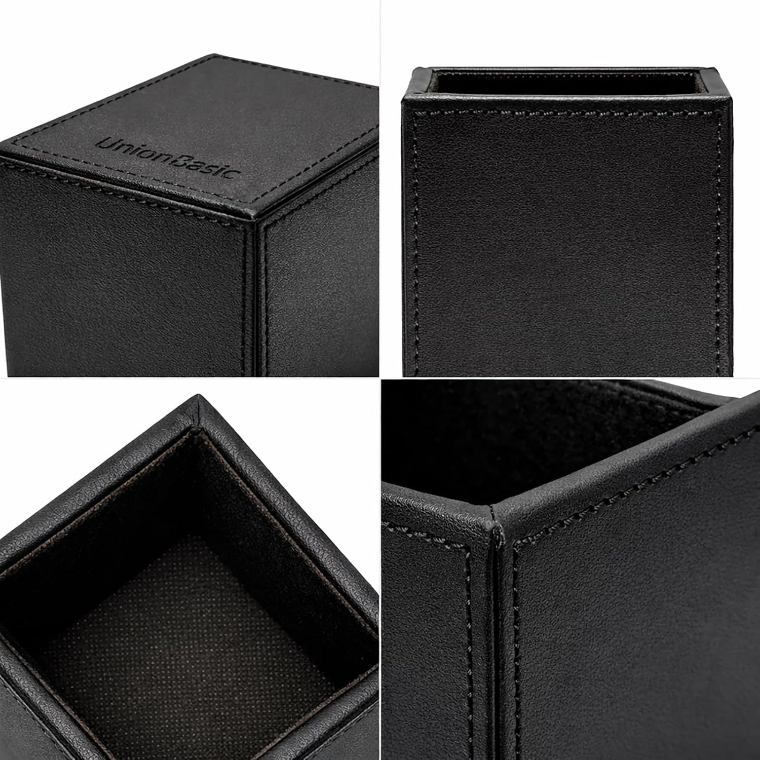 UnionBasic Square Pen Holder, Leather Pencil Cup, Desktop Caddy Stationery Organizer, Black image 3