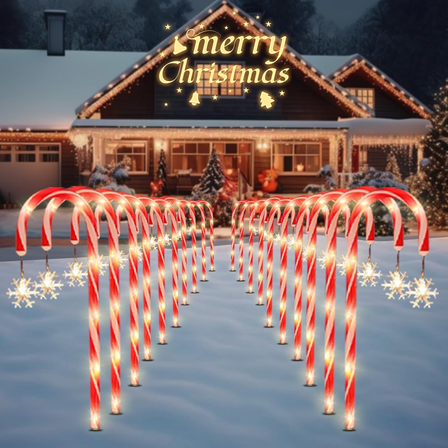 Solar Christmas Lights Outdoor Decorations, 20 Pack Solar Christmas Candy Cane Lights with Snowflake, Outdoor Waterproof Pathway Lights for Patio, Garden, Yard, Street, Park, Holiday