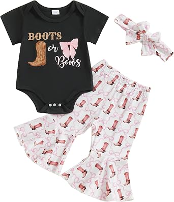 Kayotuas Western Baby Girl Clothes Summer Cowgirl Outfit Short Sleeve Romper Bow Boots Cow Print Flared Bell Bottom Pants Set