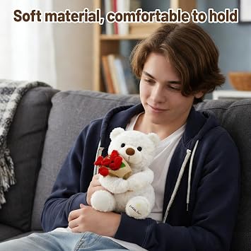 Teddy Bear for Girlfriend, Rose Bear with Floral Design, Cute Teddy for Romantic Occasions, White Rose Teddy Bear Measuring 20-25 cm