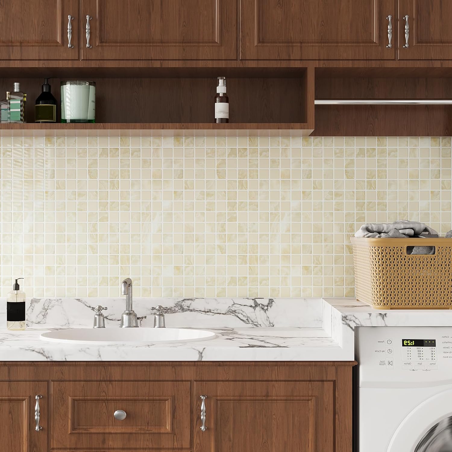VaryPaper 10 Sheets Cream Beige Mosaic Tiles Peel and Stick Backsplash Waterproof 3D Small Square Back Splash Stick on Tiles for Kitchen Bathroom Self Adhesive Wall Tiles Vinyl Backsplash 12"x12"
