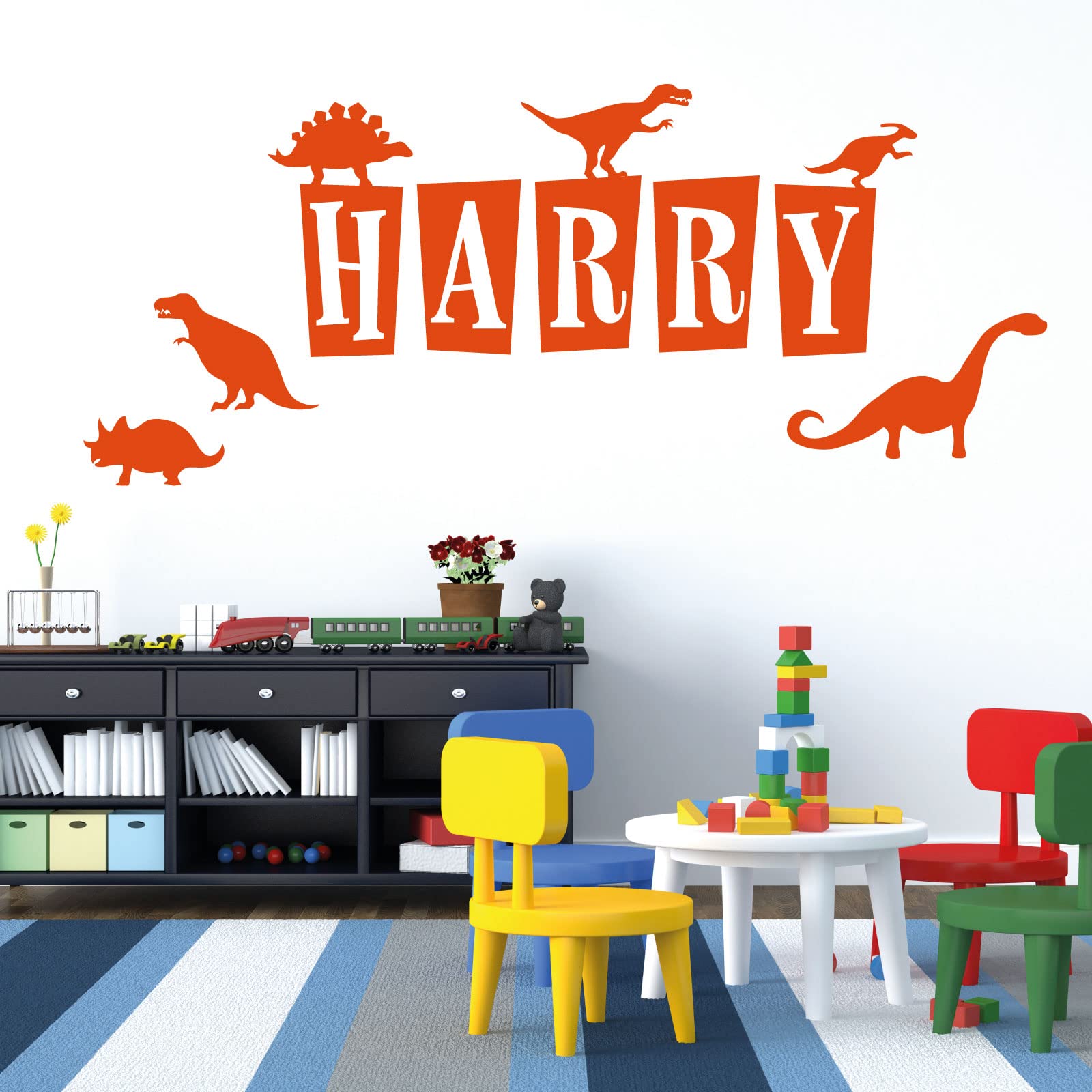 Personalised Name - Dinosaurs, T-Rex, Apatosaurus, Jurassic Era - Children's Bedroom Vinyl Wall Decal Sticker [Medium] [Orange]
