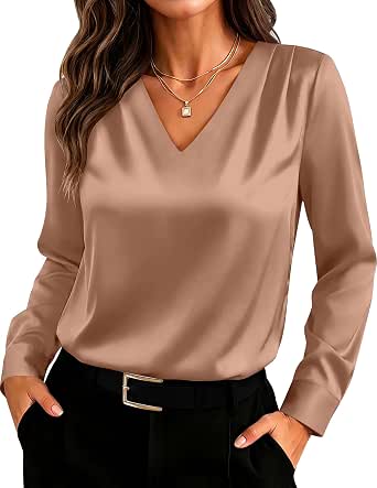 Zeagoo Women's Satin V-Neck Blouse with Ruched Shoulders